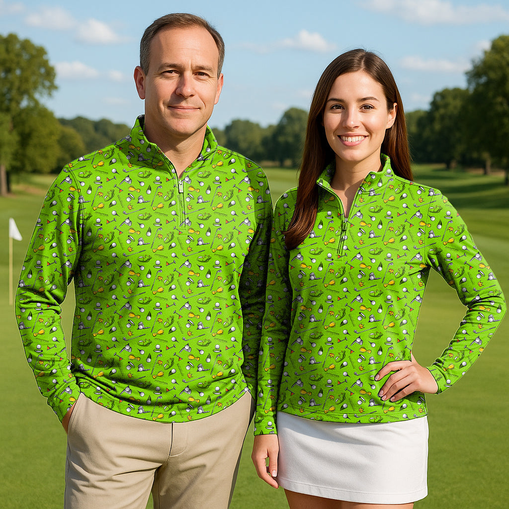 Stadium Champion Couple Golf green 3/4 zip tops with mock collar and long sleeves on golf course