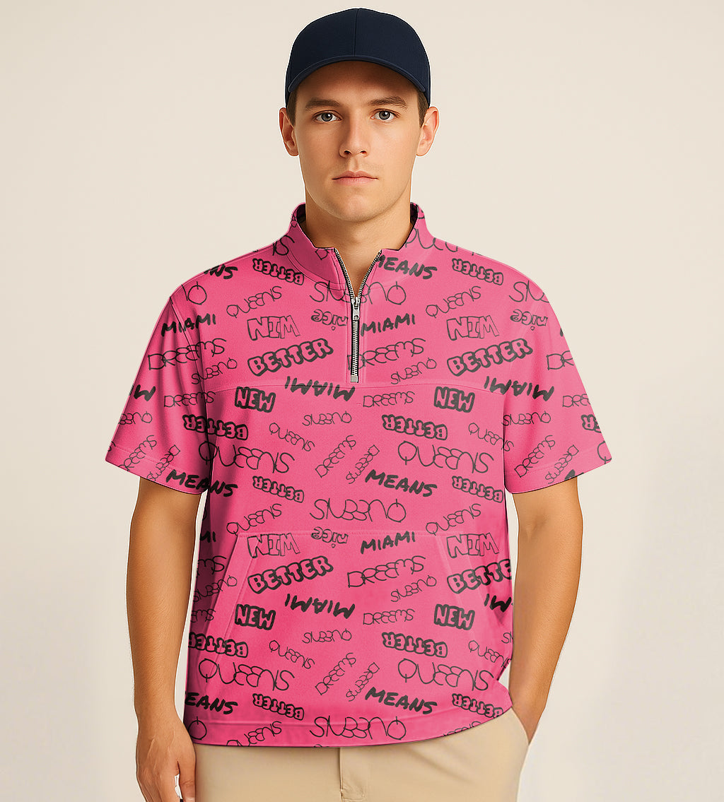 Men's half zipper turtleneck golf shirt with Miami embroidery and graphic text design