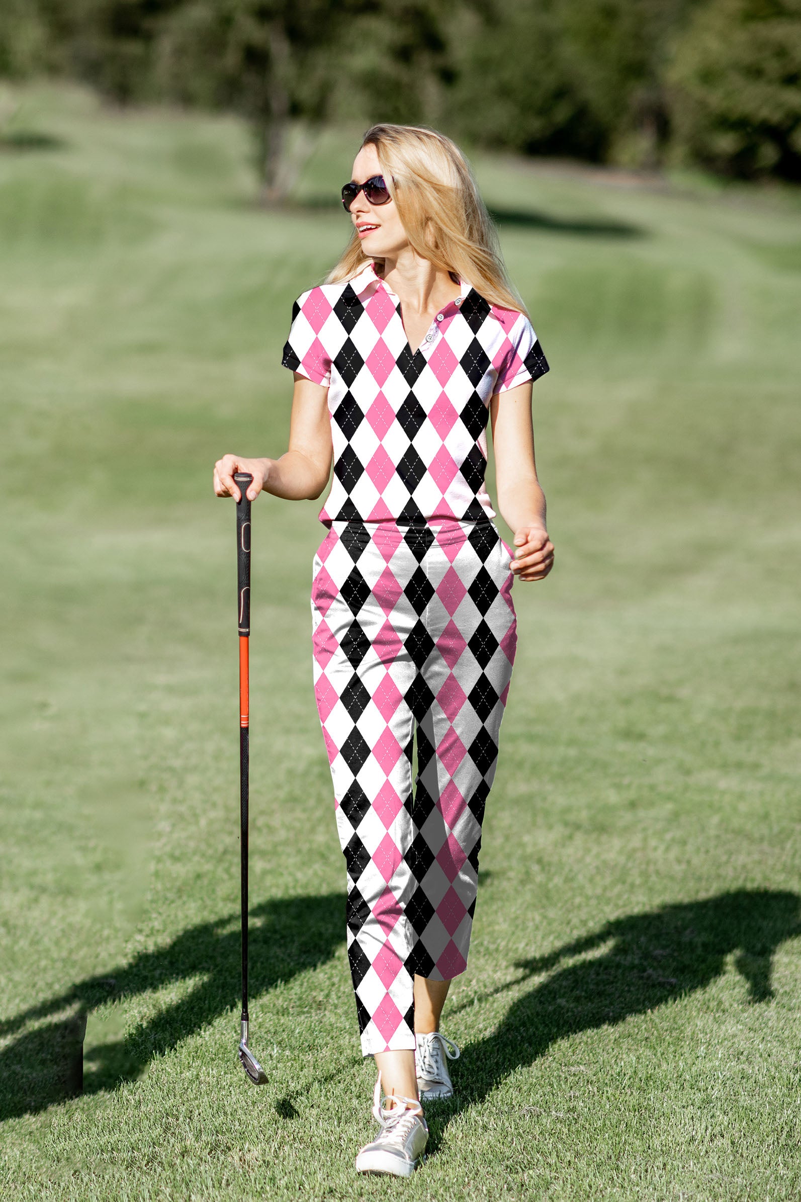 Women's Golf Polo+Pants Set pink black argyle