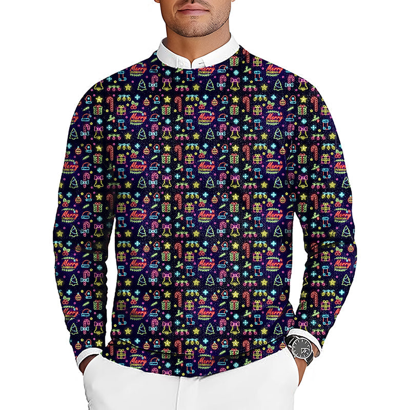 Neon Merry Christmas men's golf crewneck pullover sweater with festive holiday patterns and customizable options