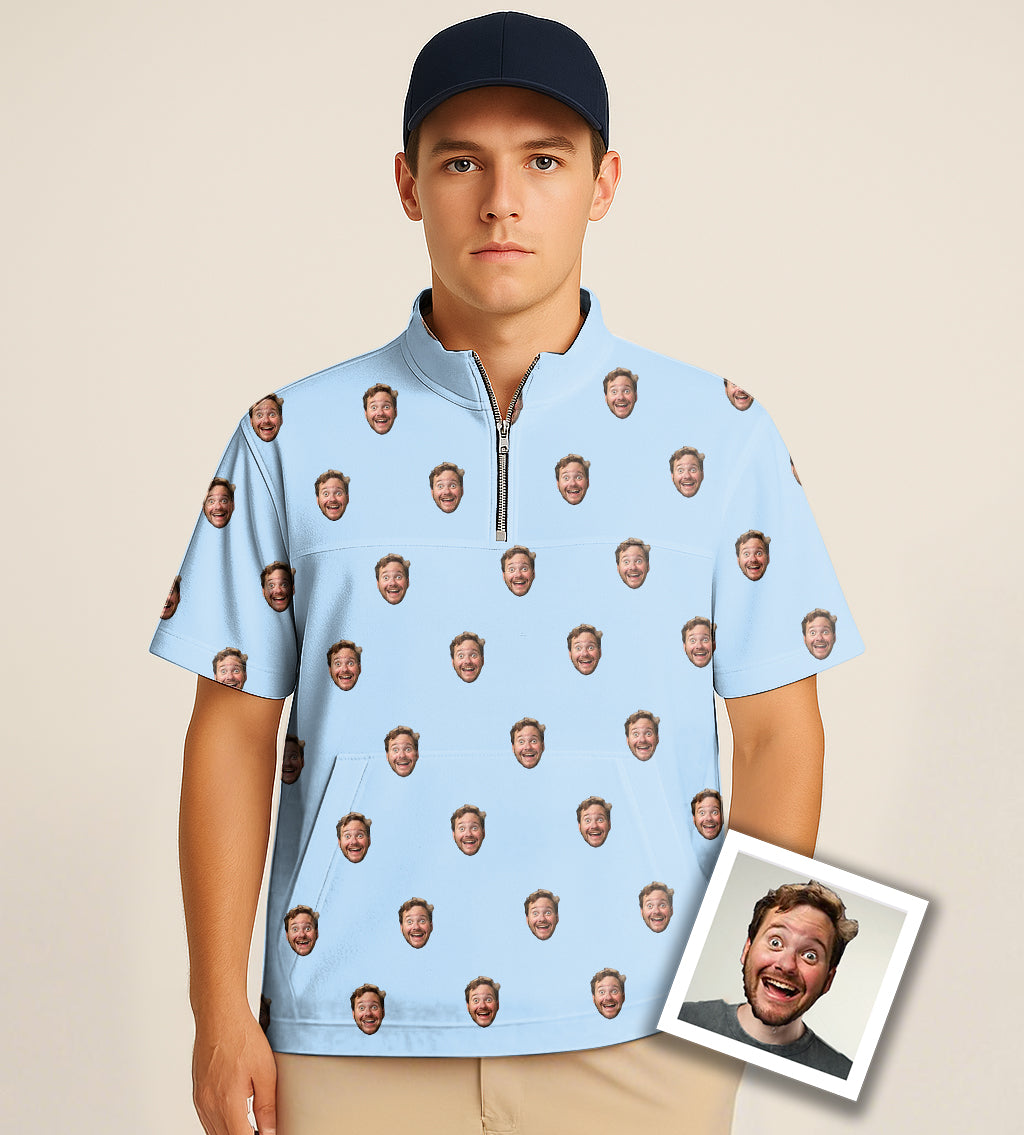Half zipper turtleneck golf short shirt with custom funny face embroidery on light blue fabric
