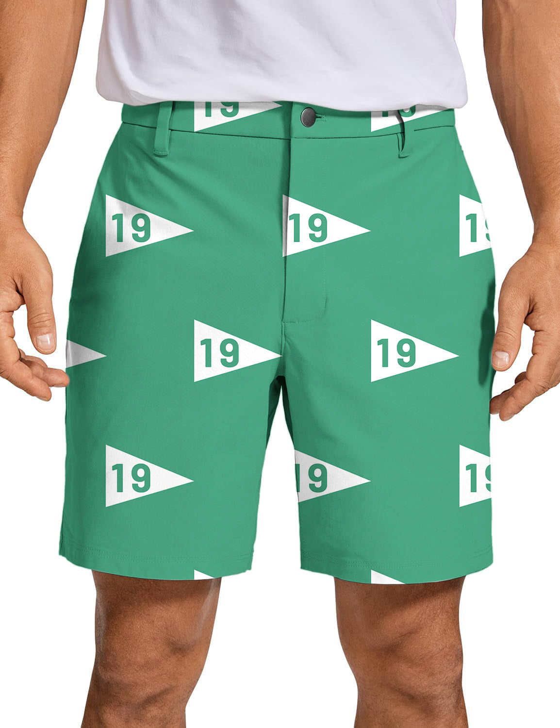 Men's 19th hole-38 Golf Shorts green with white golf flag pattern, quick dry, breathable, and lightweight design