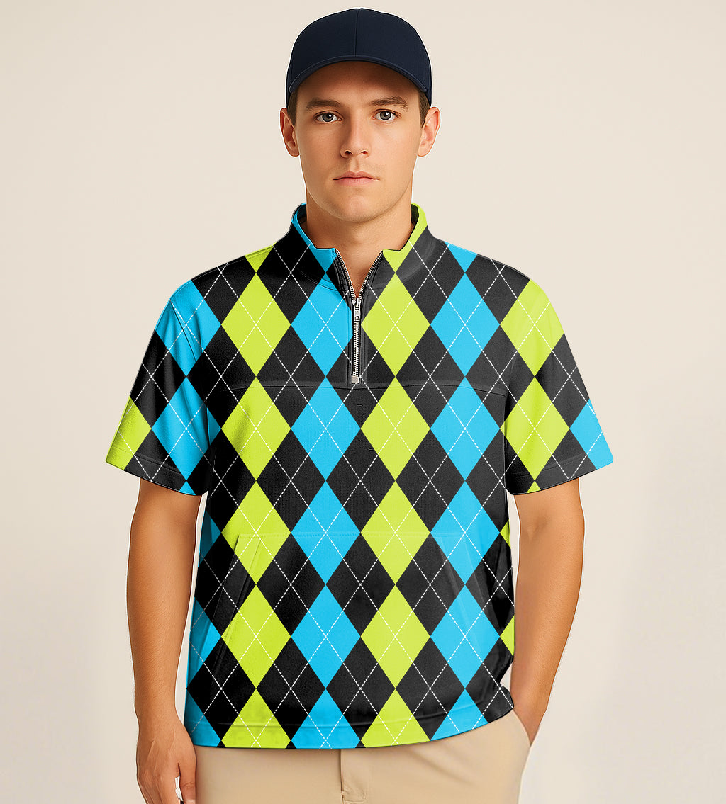 Half zipper turtleneck golf shirt with black green blue argyle embroidery and short sleeves