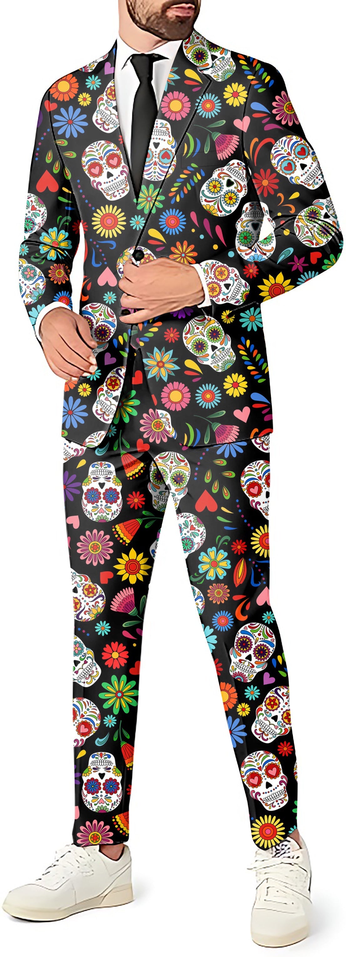 FIESTA FEELING men's party suit set with colorful skull and floral print blazer, pants, and vest for festive theme parties