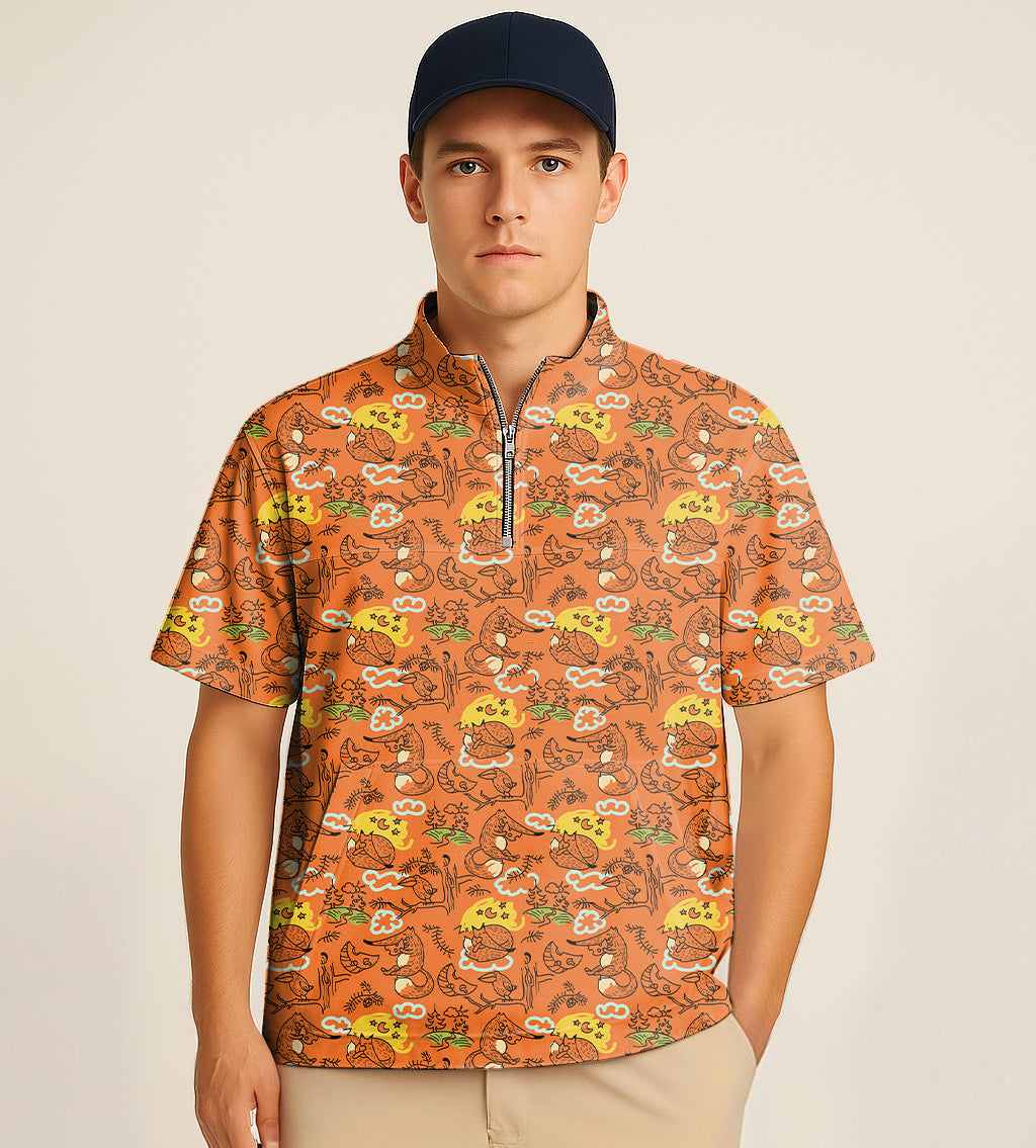Male model wearing orange half zipper turtleneck golf shirt with Lazy Fox embroidery and cartoon print