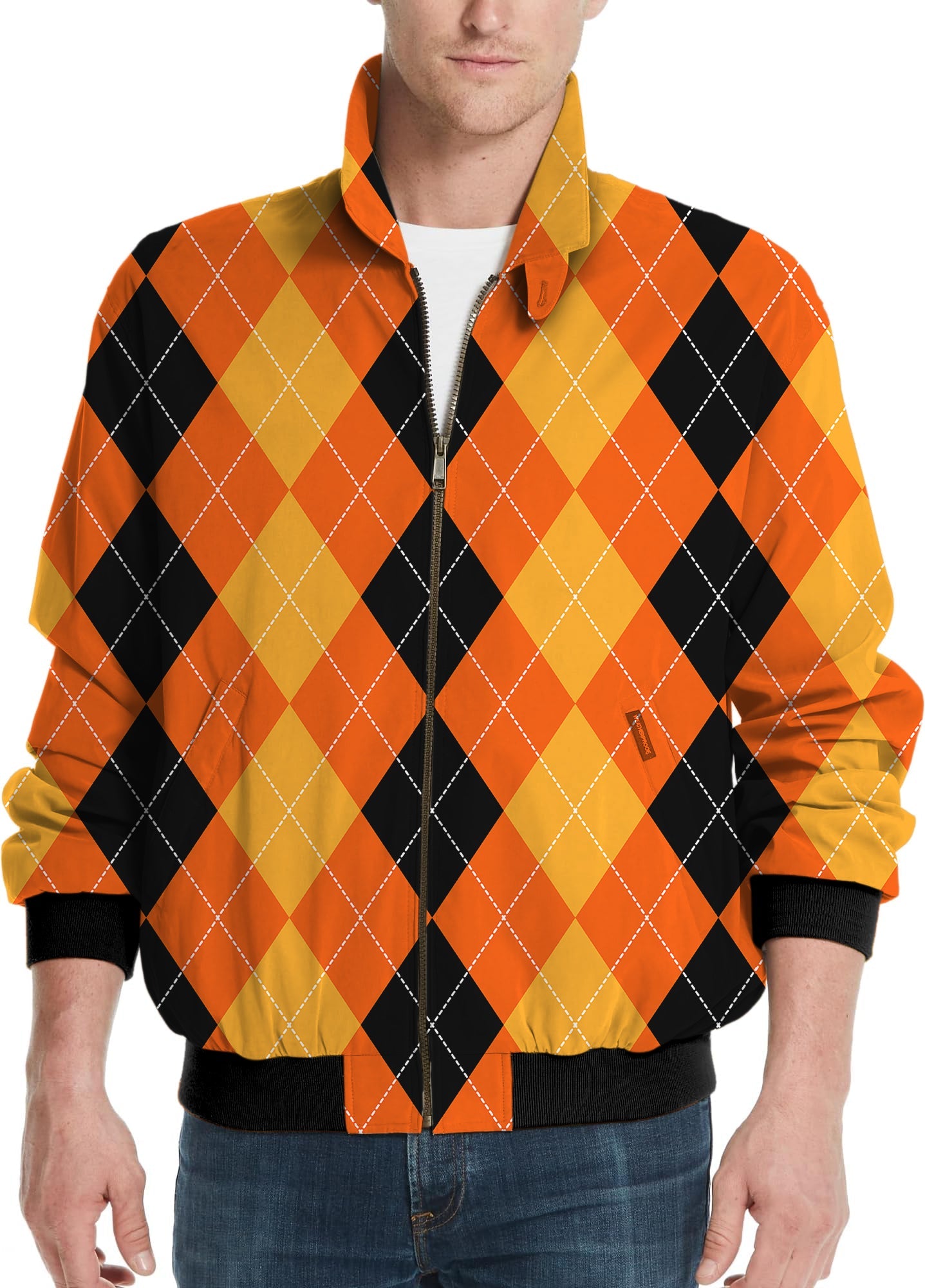 Halloween black yellow orange argyle men's golf windbreaker light jacket with zip front and ribbed cuffs