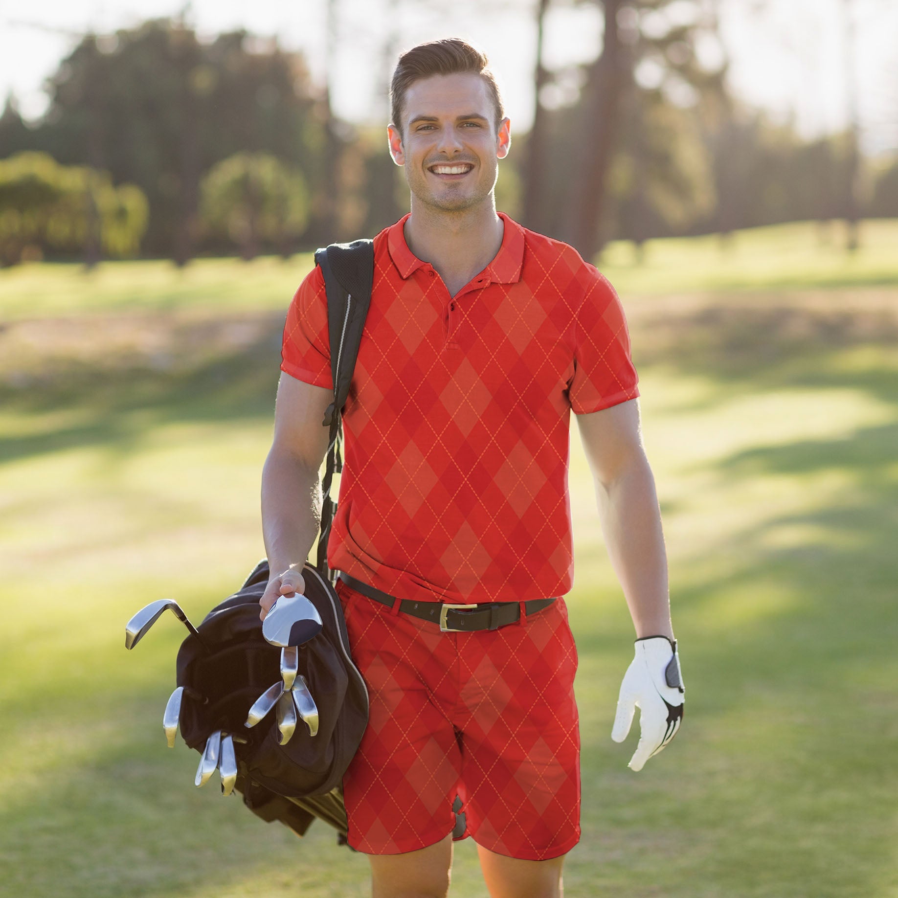 Men's golf set with red argyle polo and shorts, moisture-wicking, four-way stretch, wrinkle-resistant, UPF 40+ protection, classic fit.
