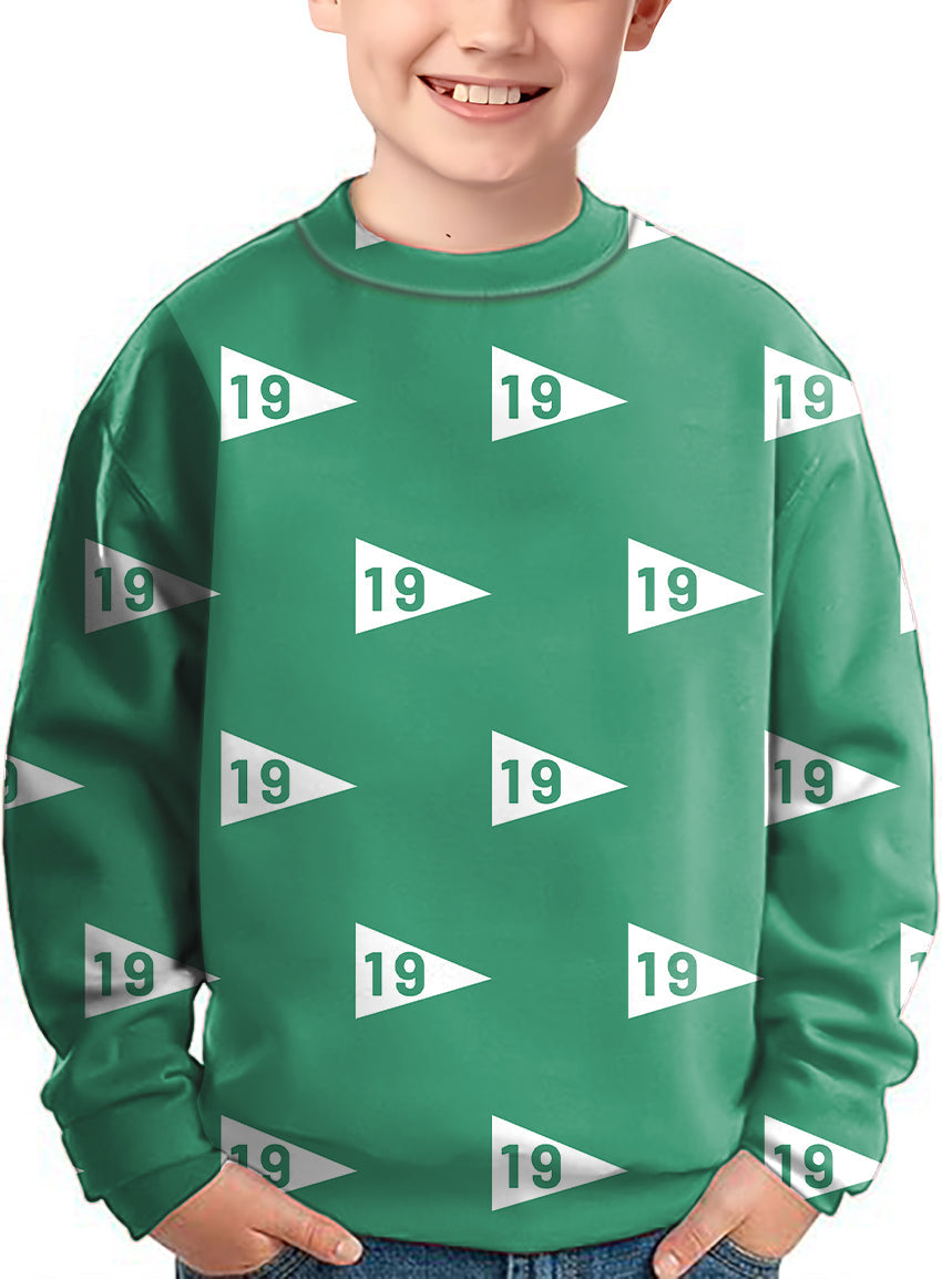 Kids green crewneck pullover with 19th hole golf flags pattern