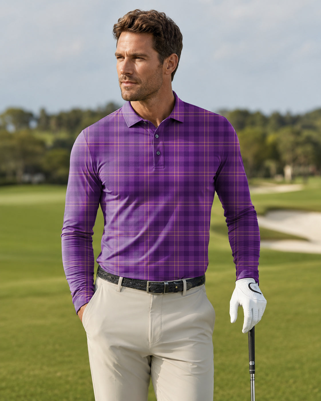 Men's Halloween purple plaid Long-sleeved Polo