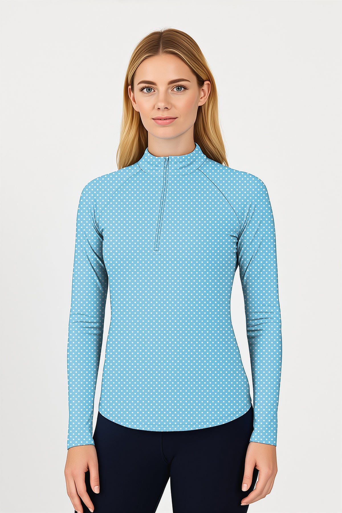 white polka dots blue background Women's Golf Active 3/4 Zipper Top Long Sleeves