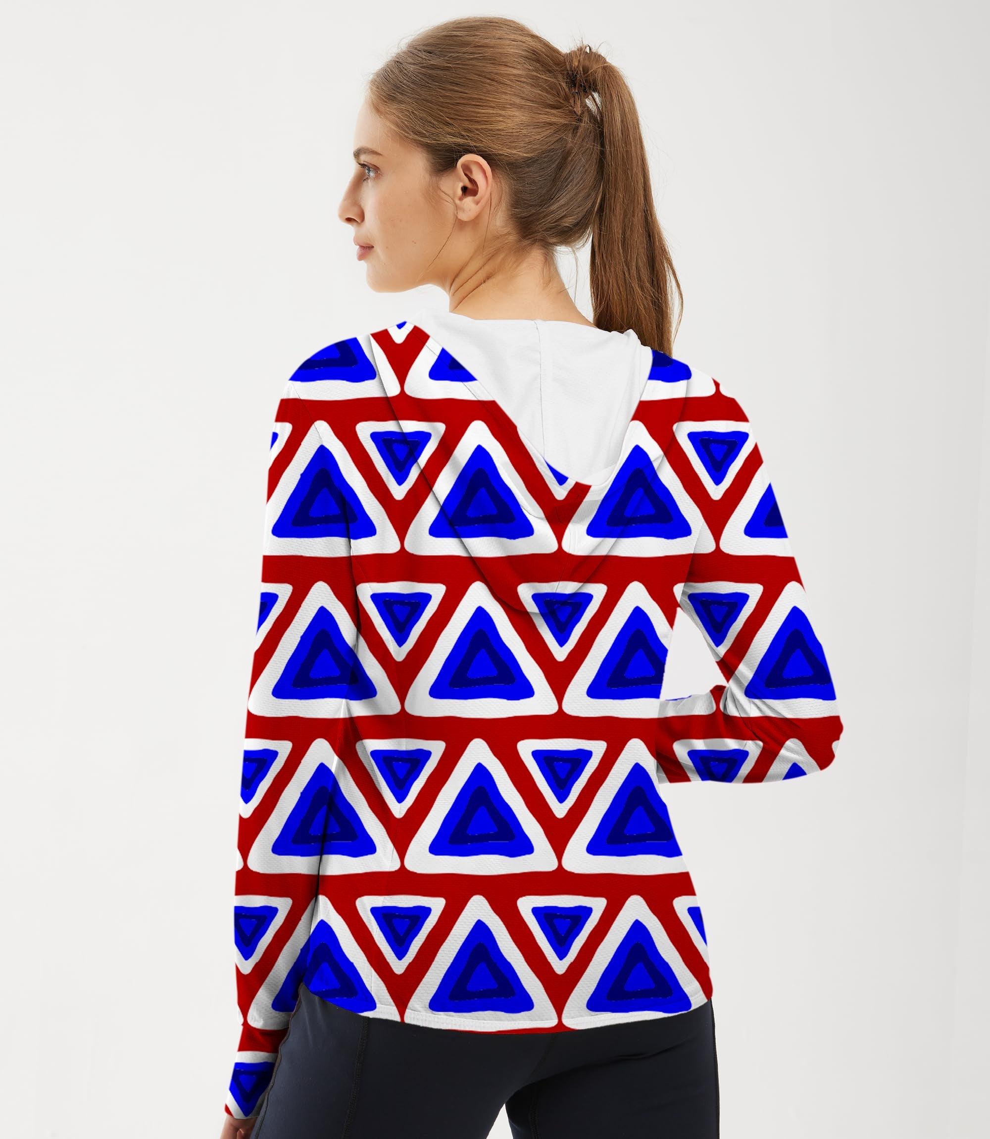 Women's outdoor slim fit zip hoodie with tribal triangle pattern and sun protection