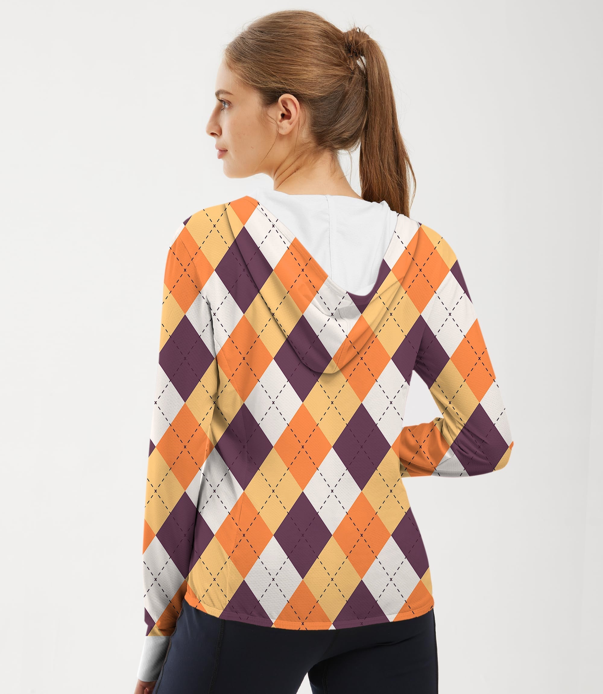 Women's outdoor Halloween argyle golf sun protection slim fit zip hoodie in orange, white, and brown