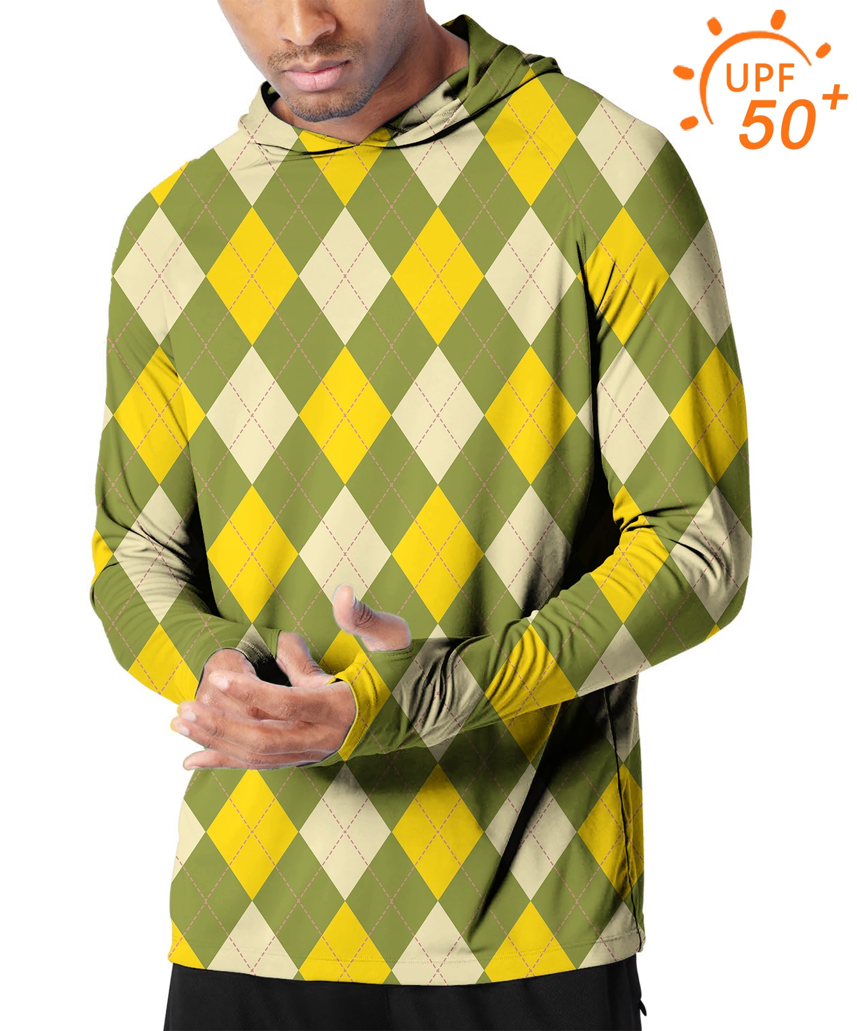 Men's outdoor slim fit yellow argyle golf hoodie with UPF 50+ sun protection and thumb holes for active comfort