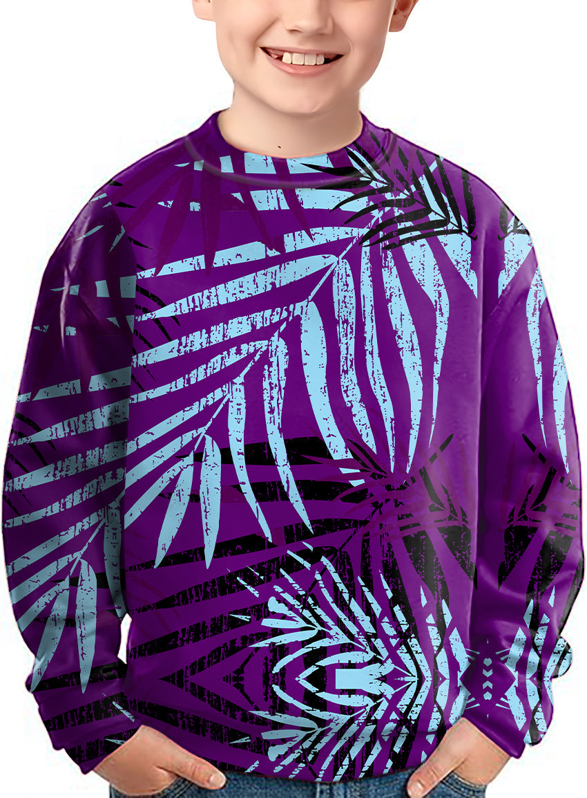purple leaf crewneck pullover kids sweater with blue and black leaf design