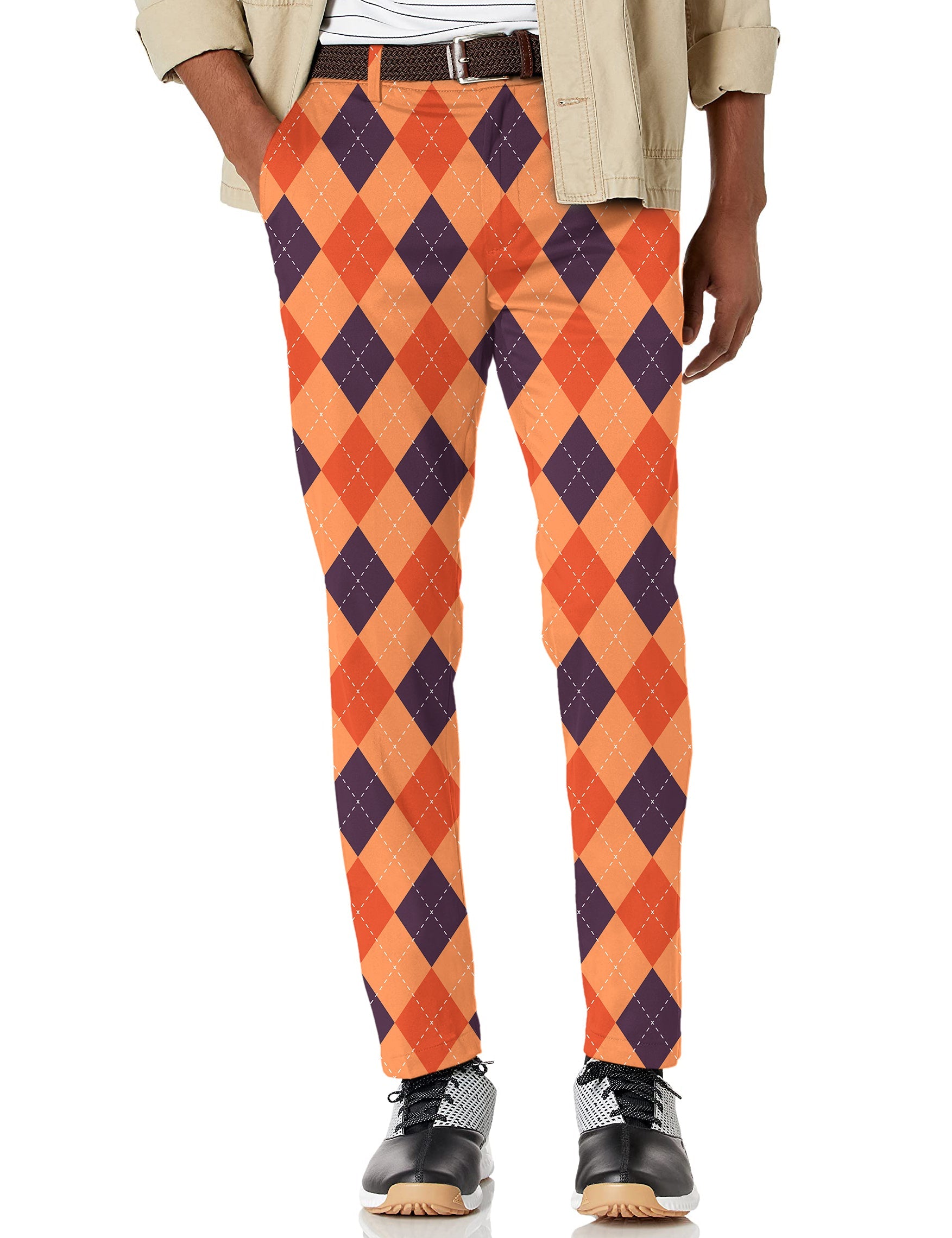 Men's Halloween black red orange argyle stretch golf pants with moisture-wicking fabric and classic pockets