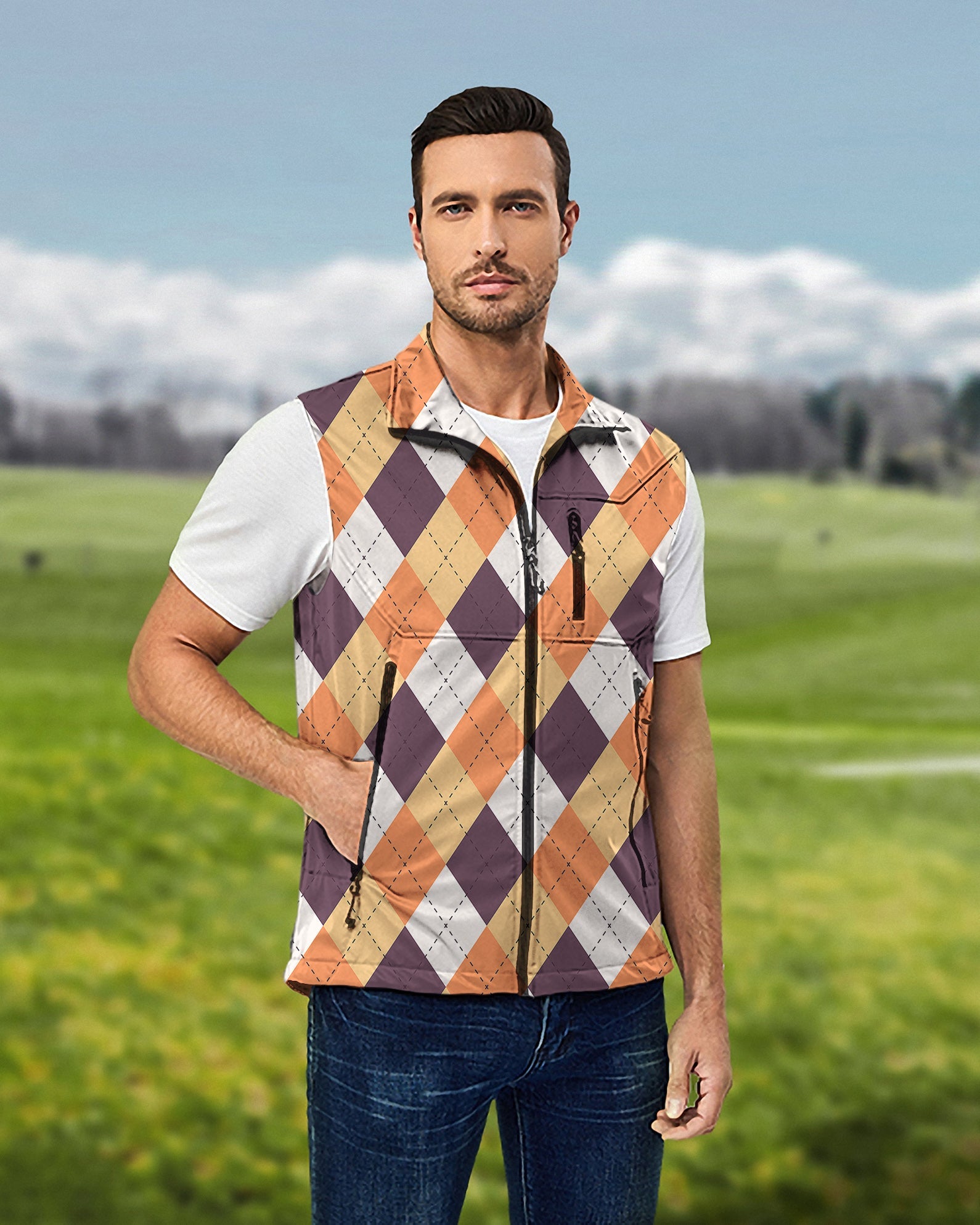 Men's Halloween orange white brown argyle lightweight softshell vest on man outdoors