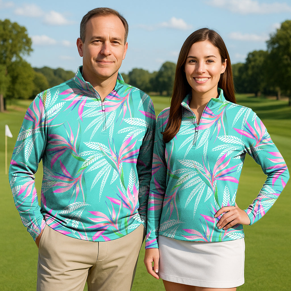 Tropical leaves Couple Golf Active 3/4 Zipper Top Long Sleeves