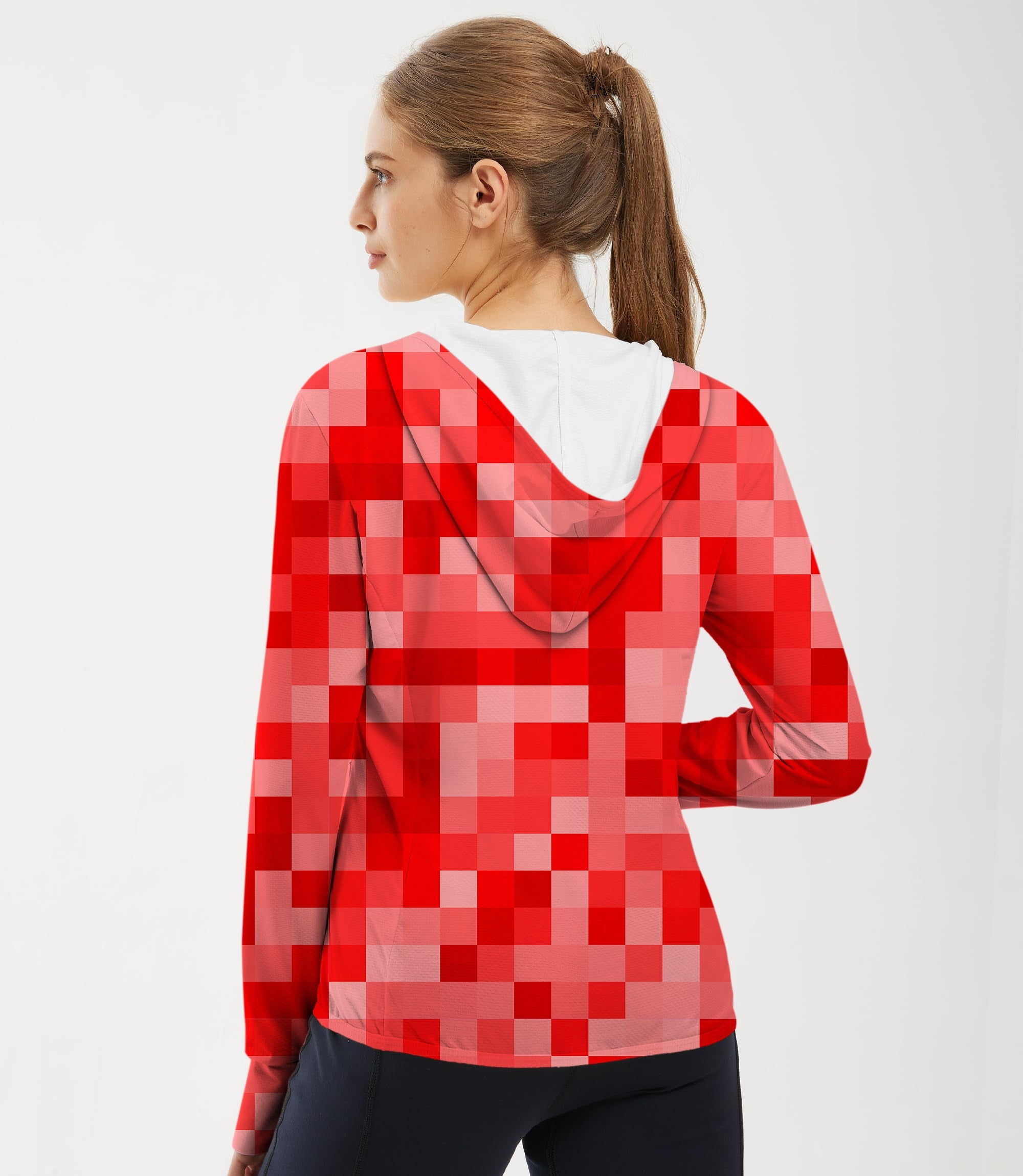 Women's outdoor red pixel big golf sun protection slim fit zip hoodie with breathable, quick-dry fabric and UPF 50+ UV protection
