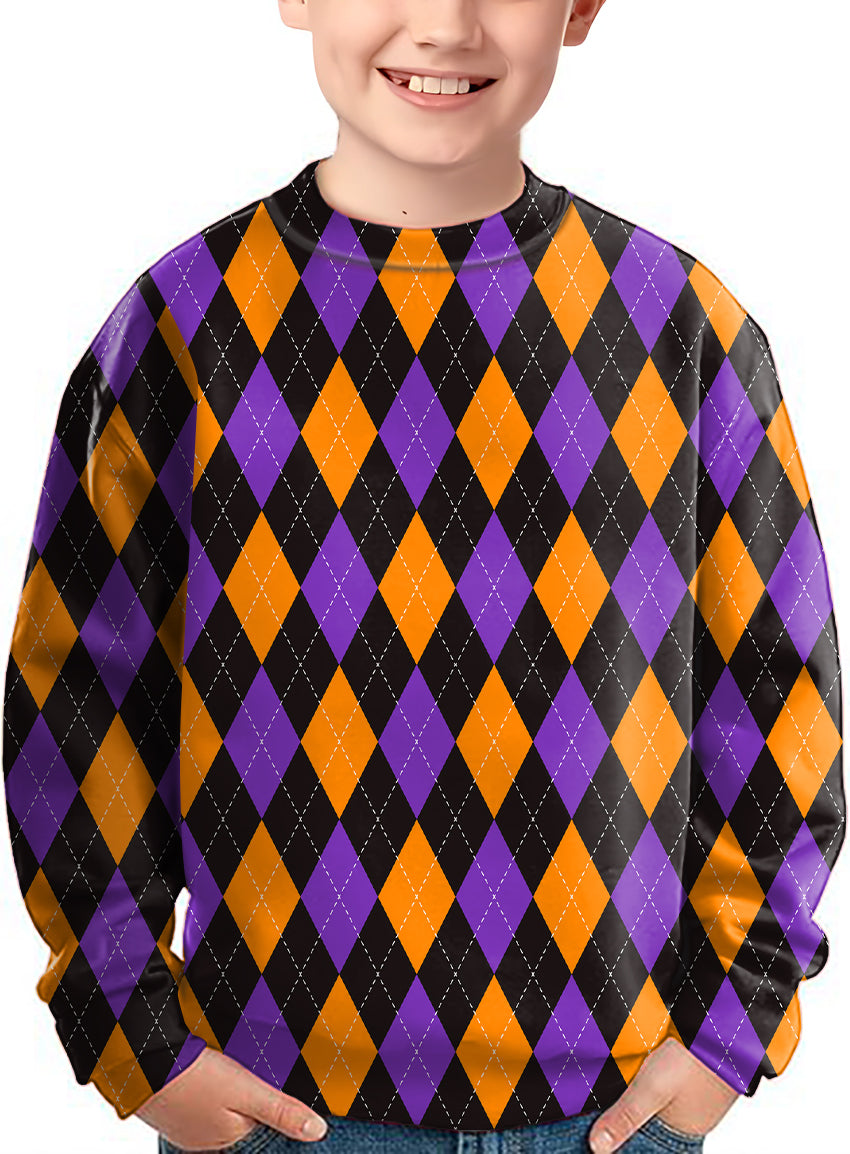 Orange purple and black argyle Crewneck Pullover Kids Ugly Sweater
