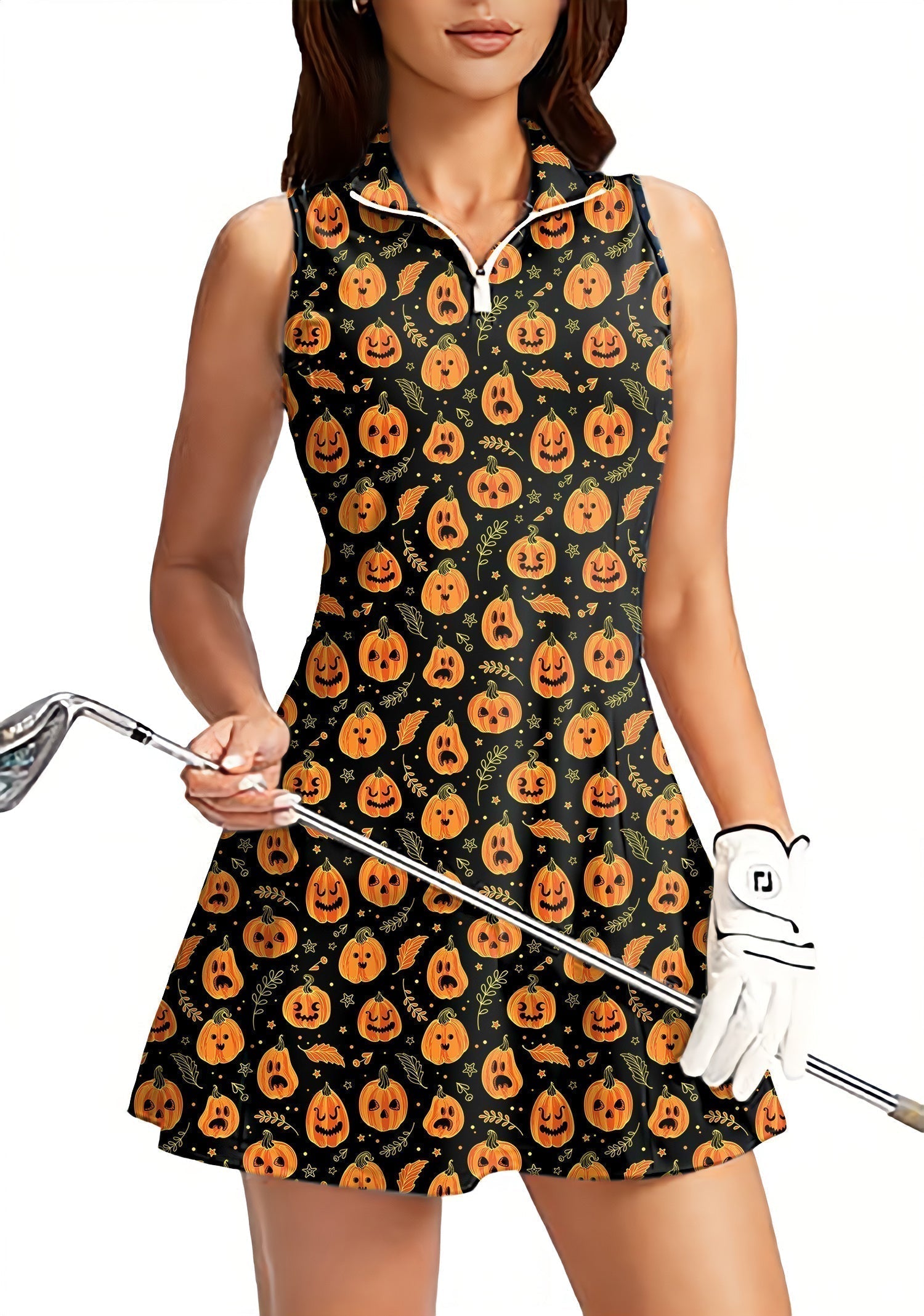 Halloween Kawaii Pumpkin Bones Women's Golf Sleeveless Zipper Dresses with  Built in Shorts