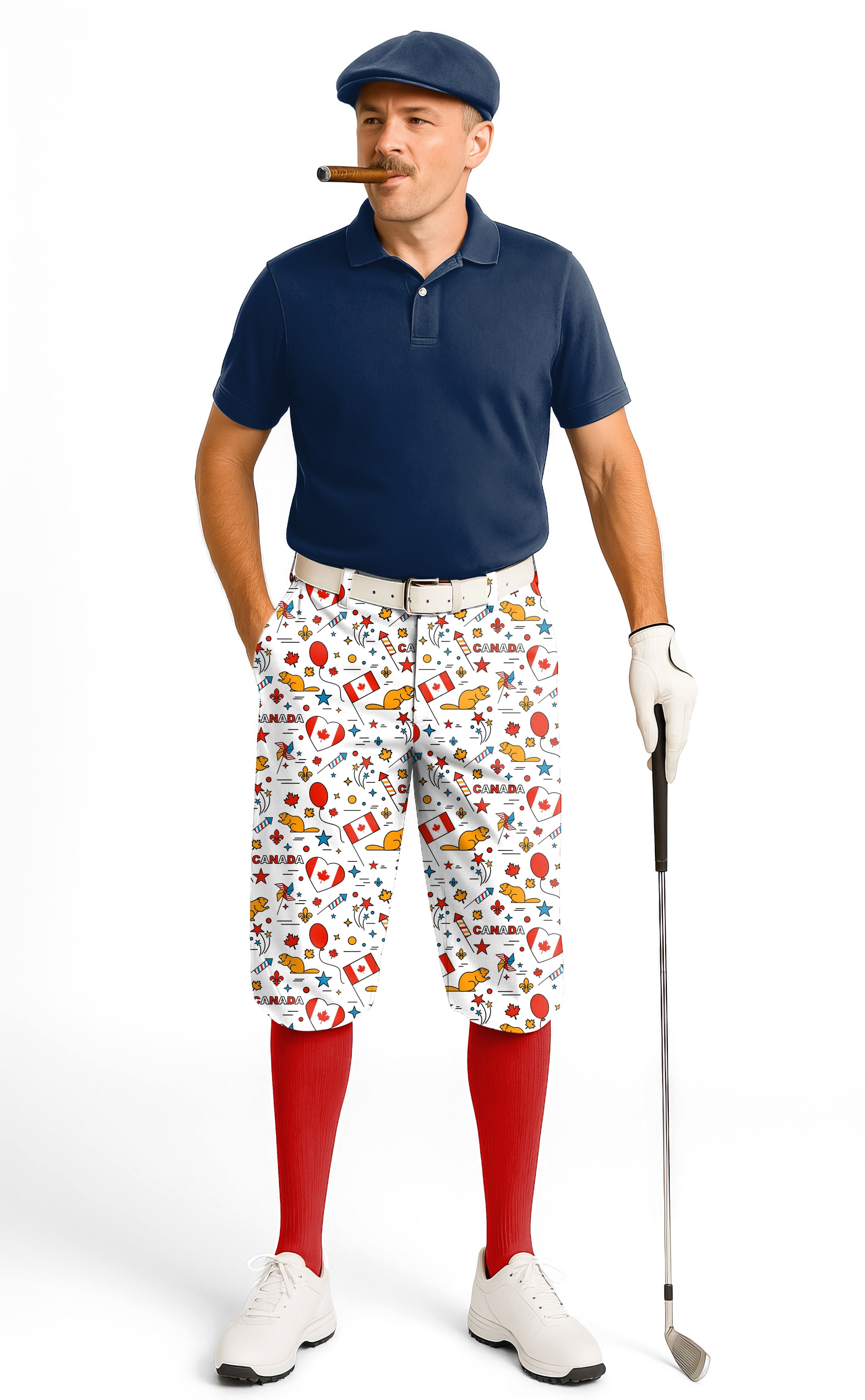 Man wearing Canadian Balloon Squirrel men's golf knickers with fun print, navy polo, red socks, and golf glove holding club.