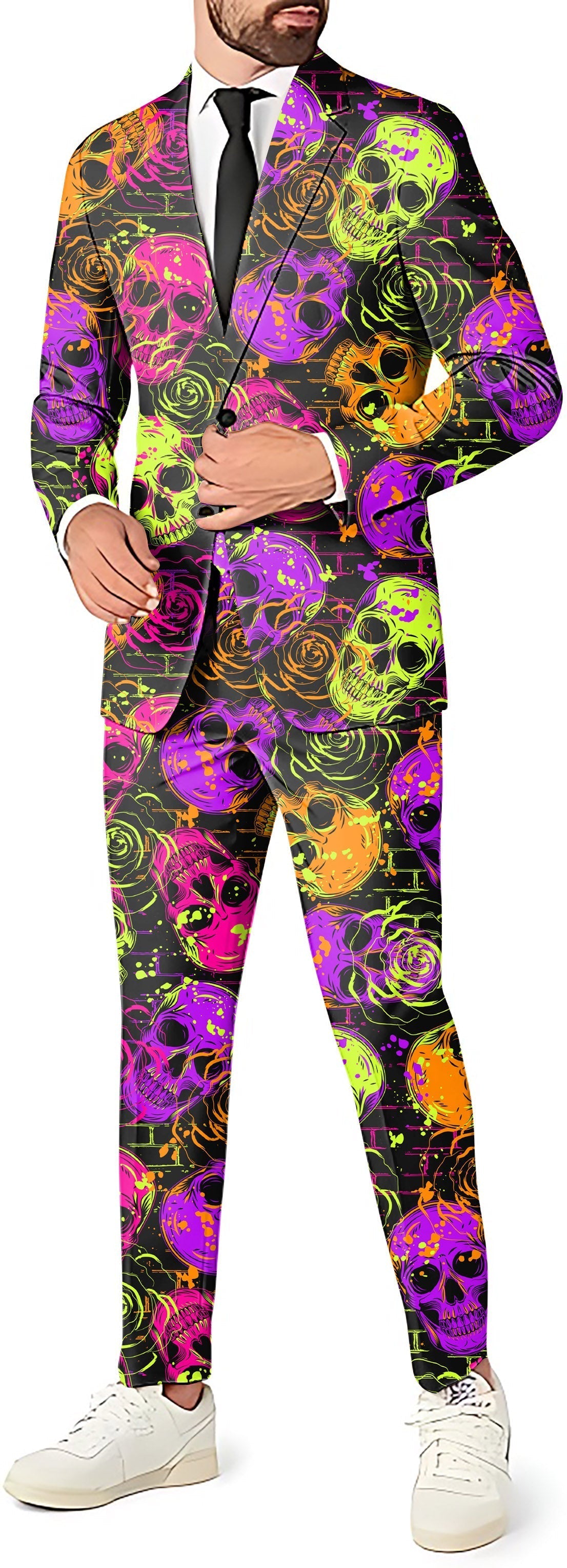 Halloween Colors Skull men's suit set with blazer, pants, and vest for theme parties