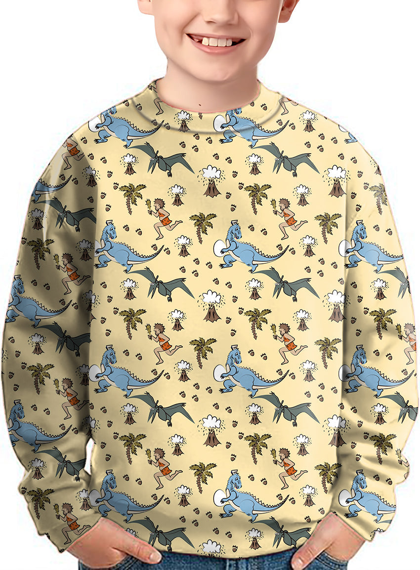 Kids dinosaur wild man volcano crewneck pullover with dinosaur and volcano pattern