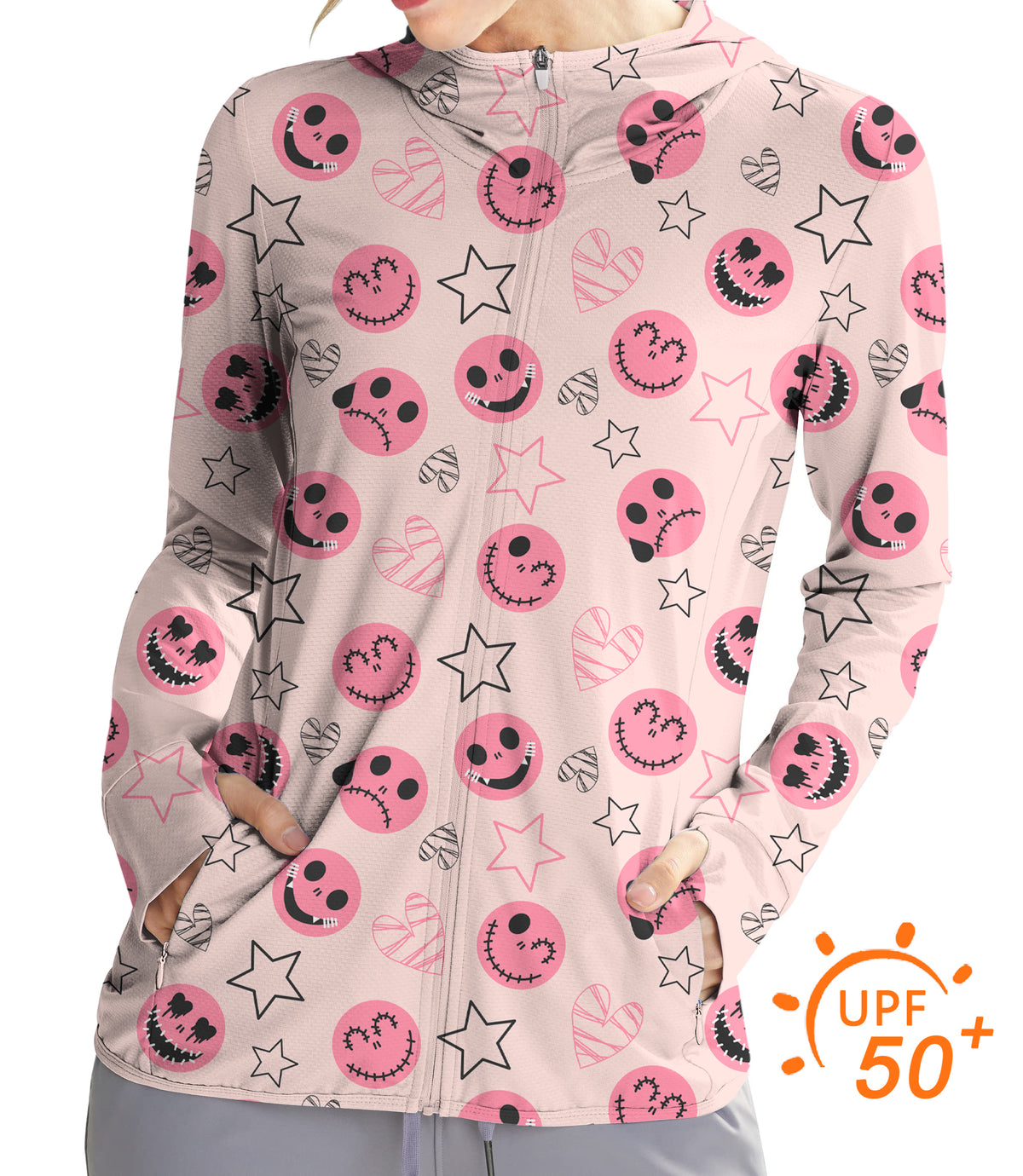 Women's Outdoor Halloween pink smiley face Golf Sun Protection Slim Fit zip hoodies