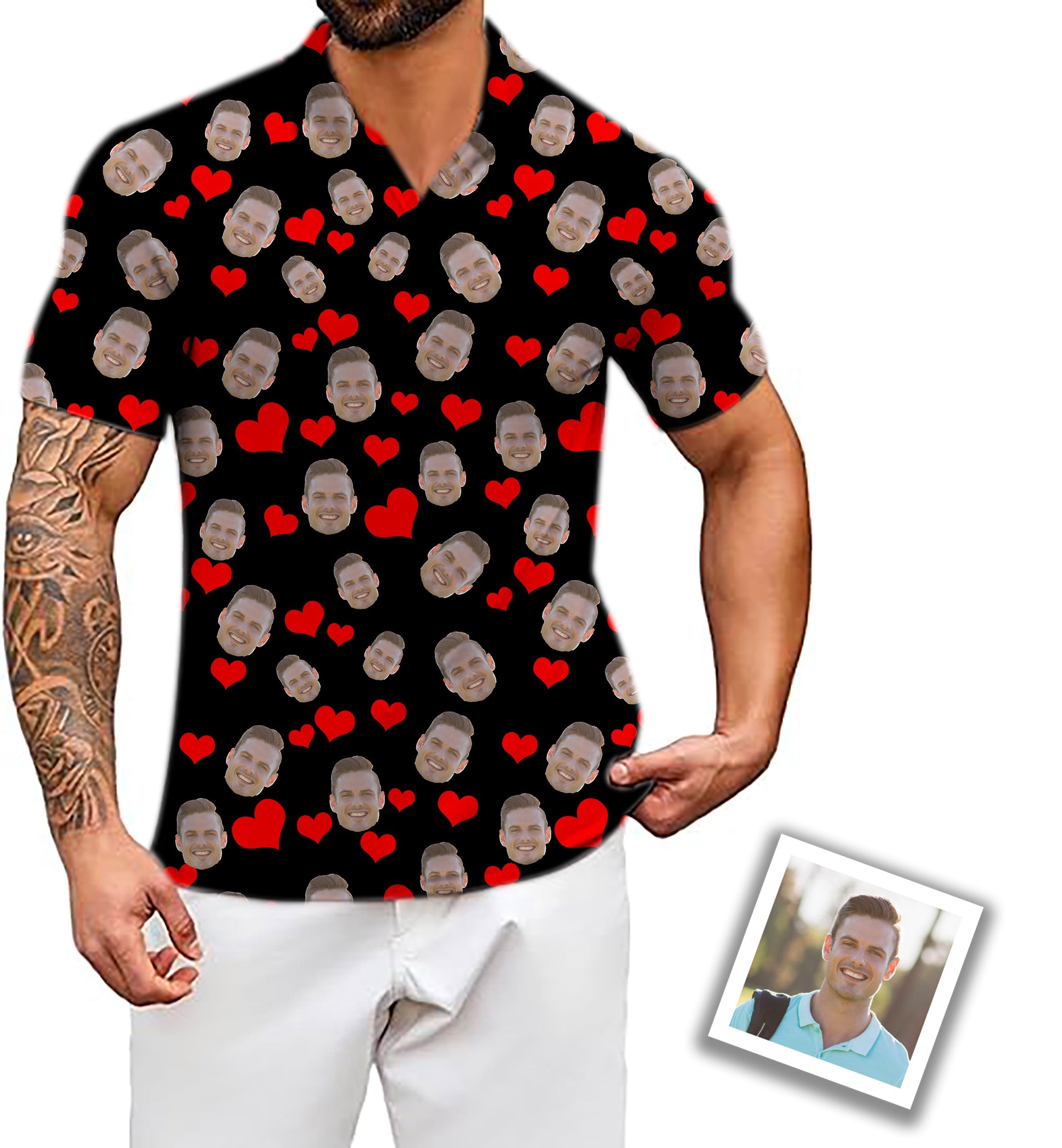 Men's custom red heart photo golf polo shirt with funny face pattern and classic fit