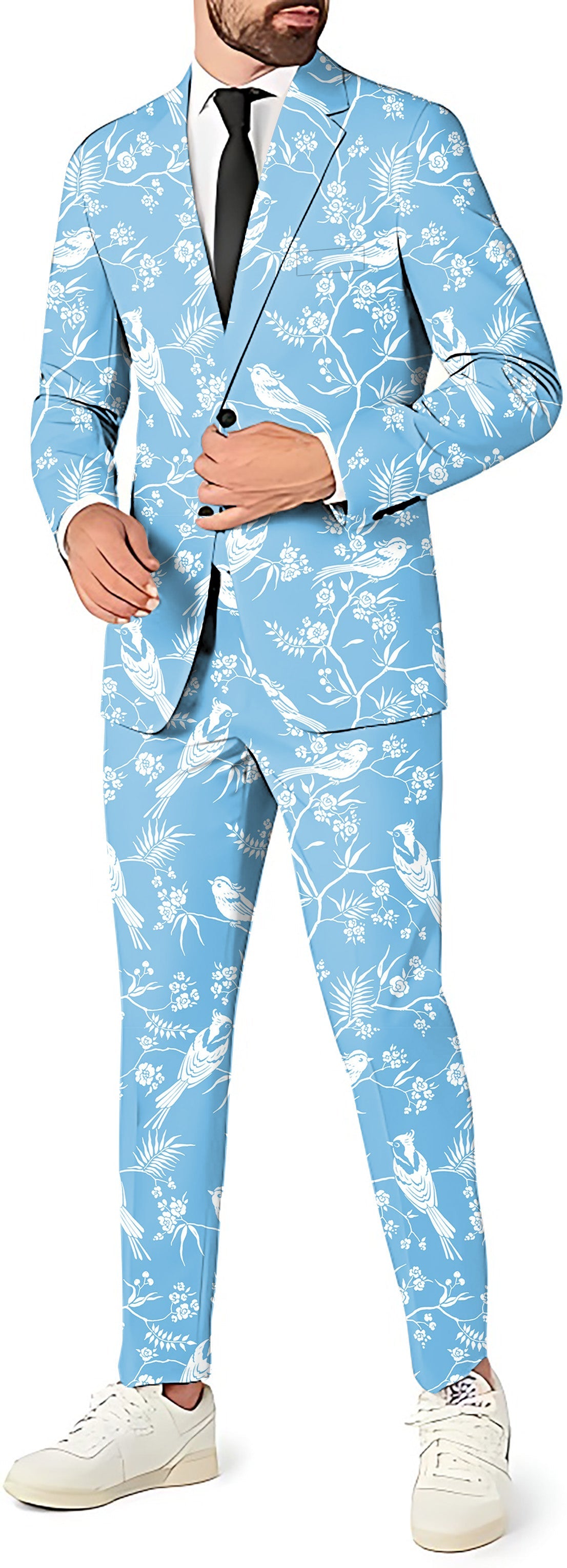 Men's slim fit Blooming Branches Trees and Birds blue blazer, vest, and pants party suit set