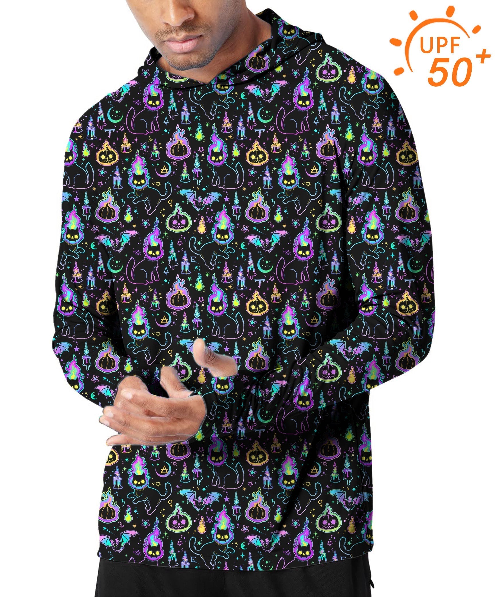 Men's outdoor slim fit hoodie with Halloween ghost pumpkin cat print and UPF 50+ sun protection