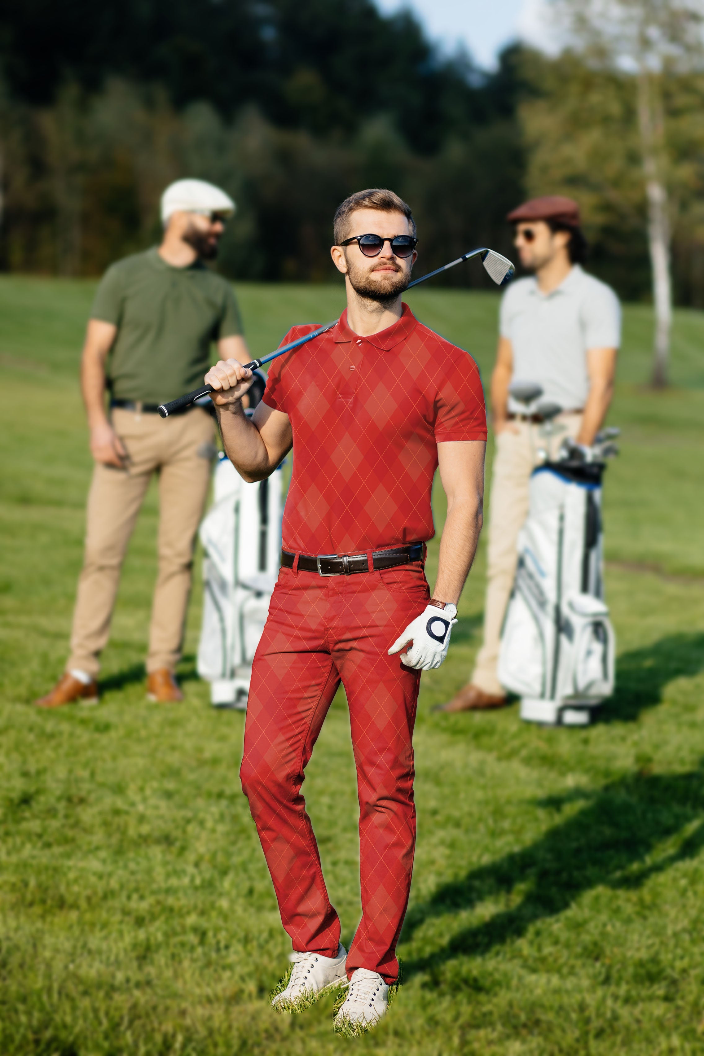 Men's golf set with red argyle polo and pants, four-way stretch and moisture-wicking fabric