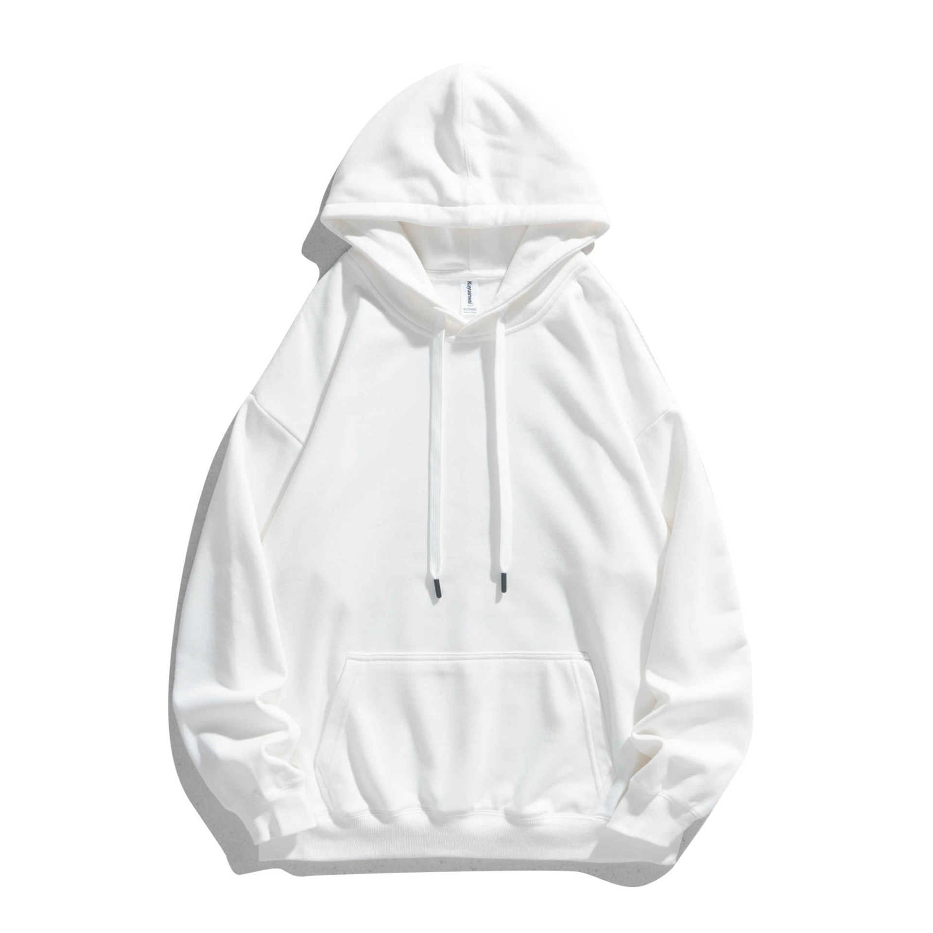 Solid color plus size white hoodie with drawstring and front pouch pocket