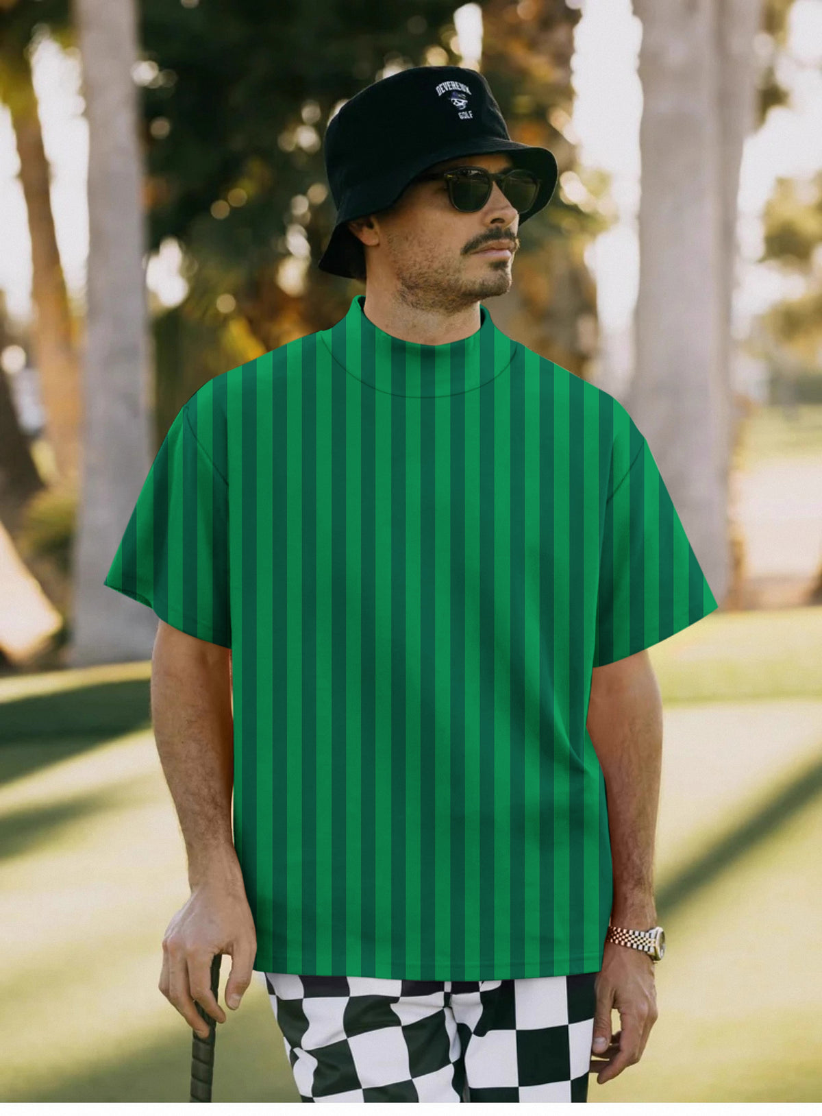 Men's Vertical stripes on a watermelon Mock Neck Long/Short Sleeve Golf Tops