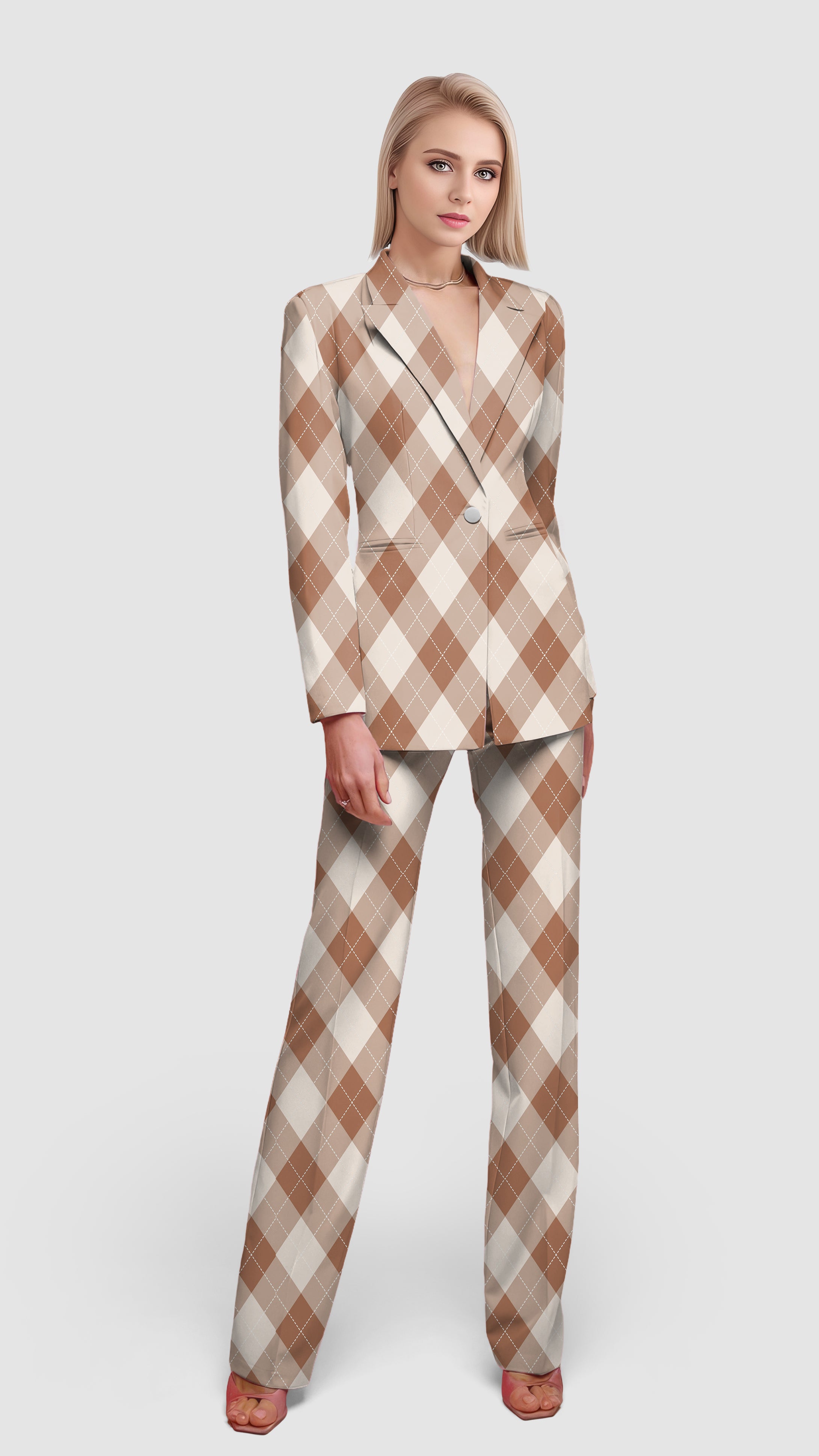 brown Argyle-Women's Blazer Casual Work Office Blazer Suit set