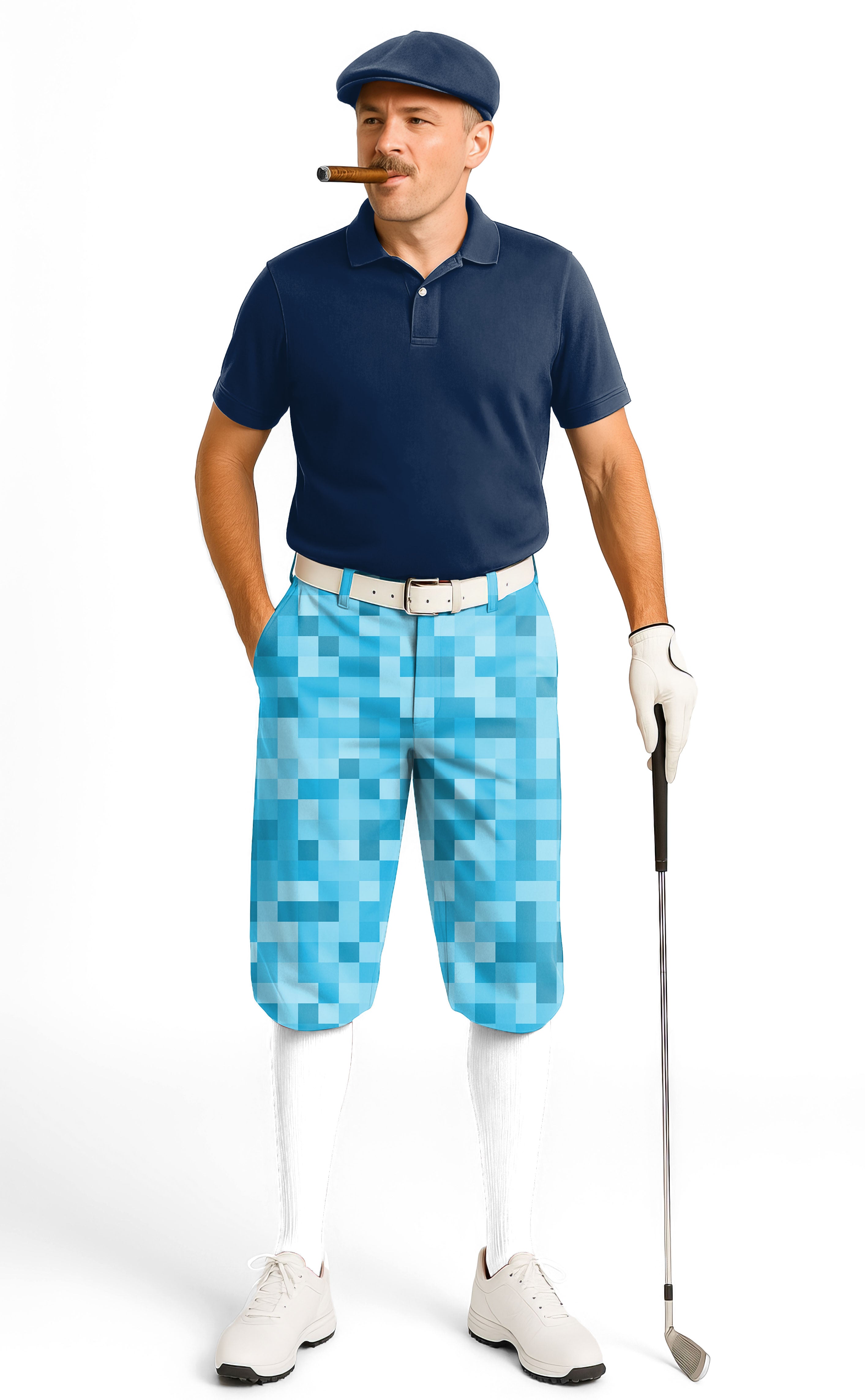 Blue Pixel Big Men's Golf knickers pants with snug ankle cuffs and pixel pattern