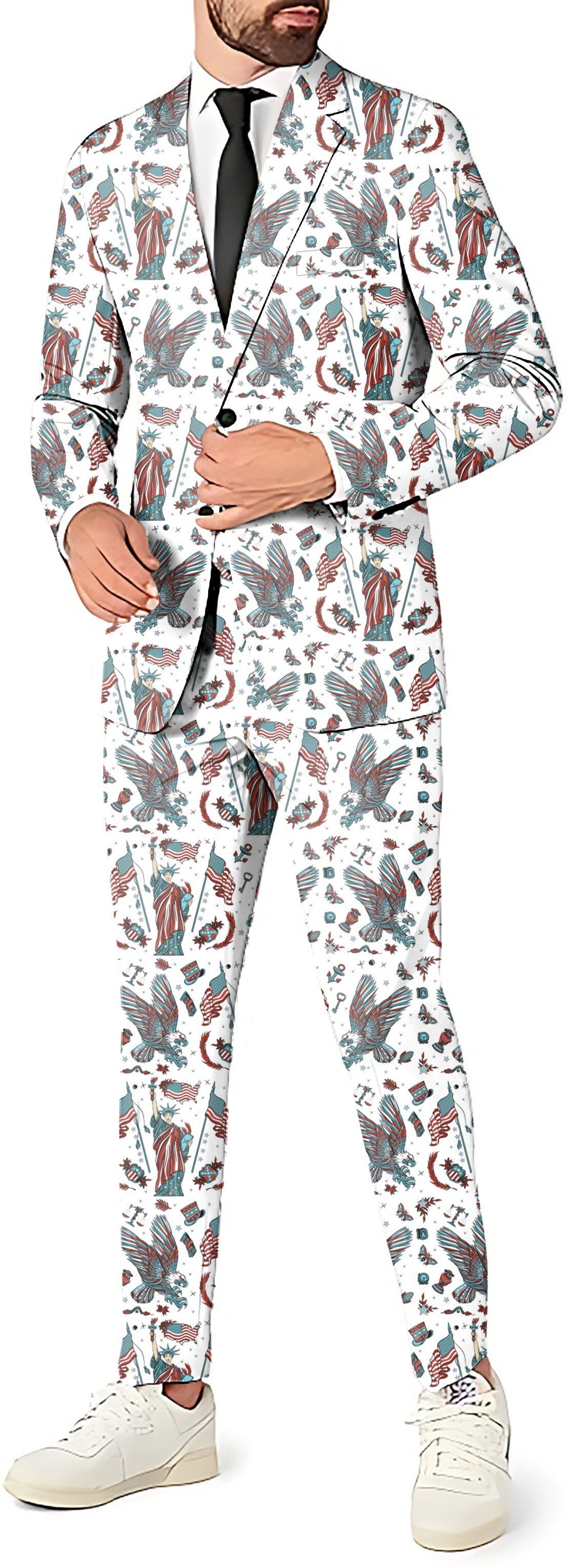 USA men's party costume suit set with blazer, pants, and vest featuring themed print