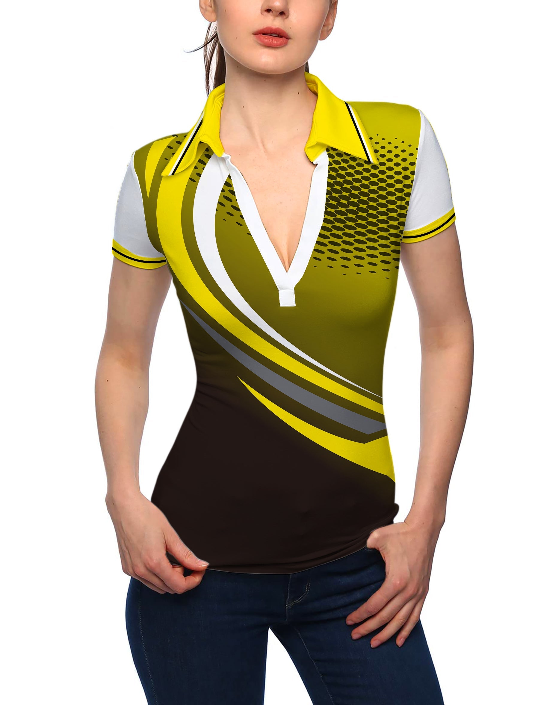 Women's yellow black custom sport team competition golf polo with V-neck and stand collar