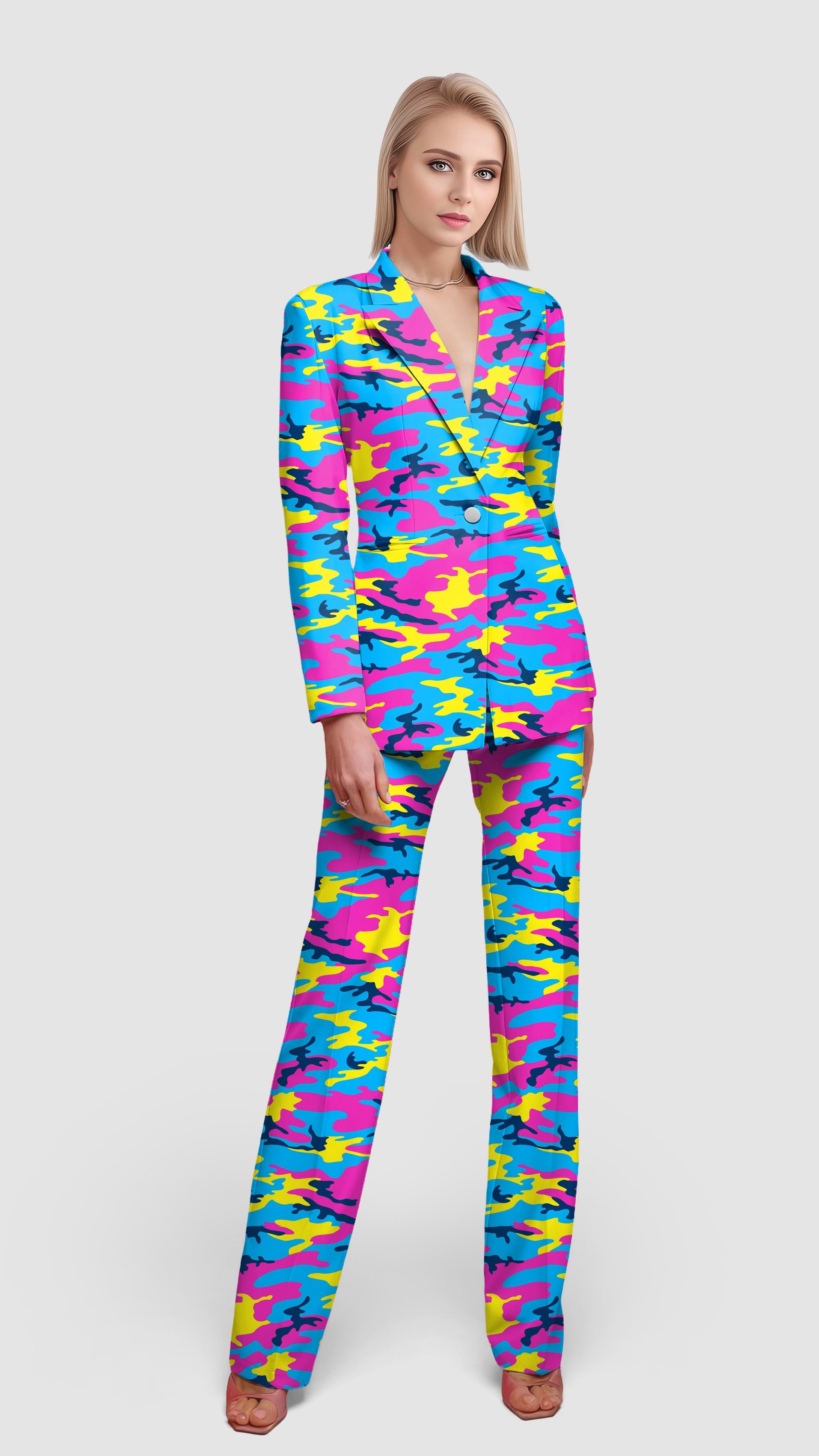 Neon camo women's blazer and pants suit set in bright blue, pink, and yellow camouflage pattern for casual and office wear