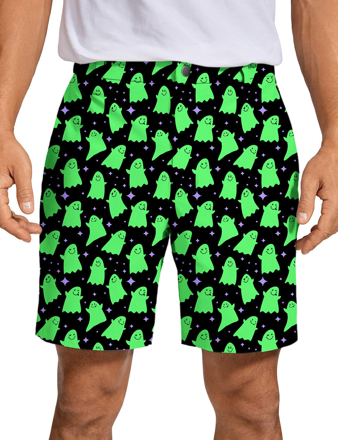 Men's green ghost pattern Halloween golf shorts with breathable, quick-dry fabric