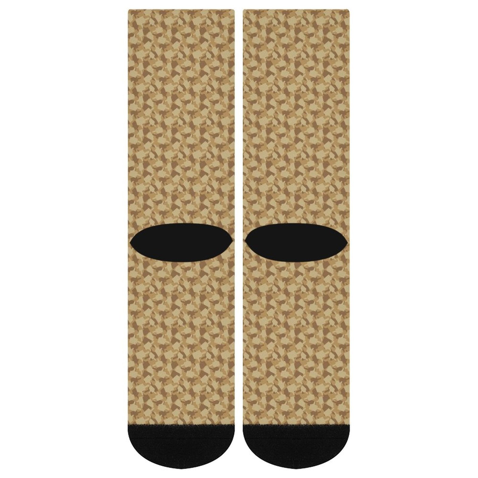 Beige and black crew socks with playful middle finger printed design, soft cushioned sole for comfort, ideal funny gift for men and women.