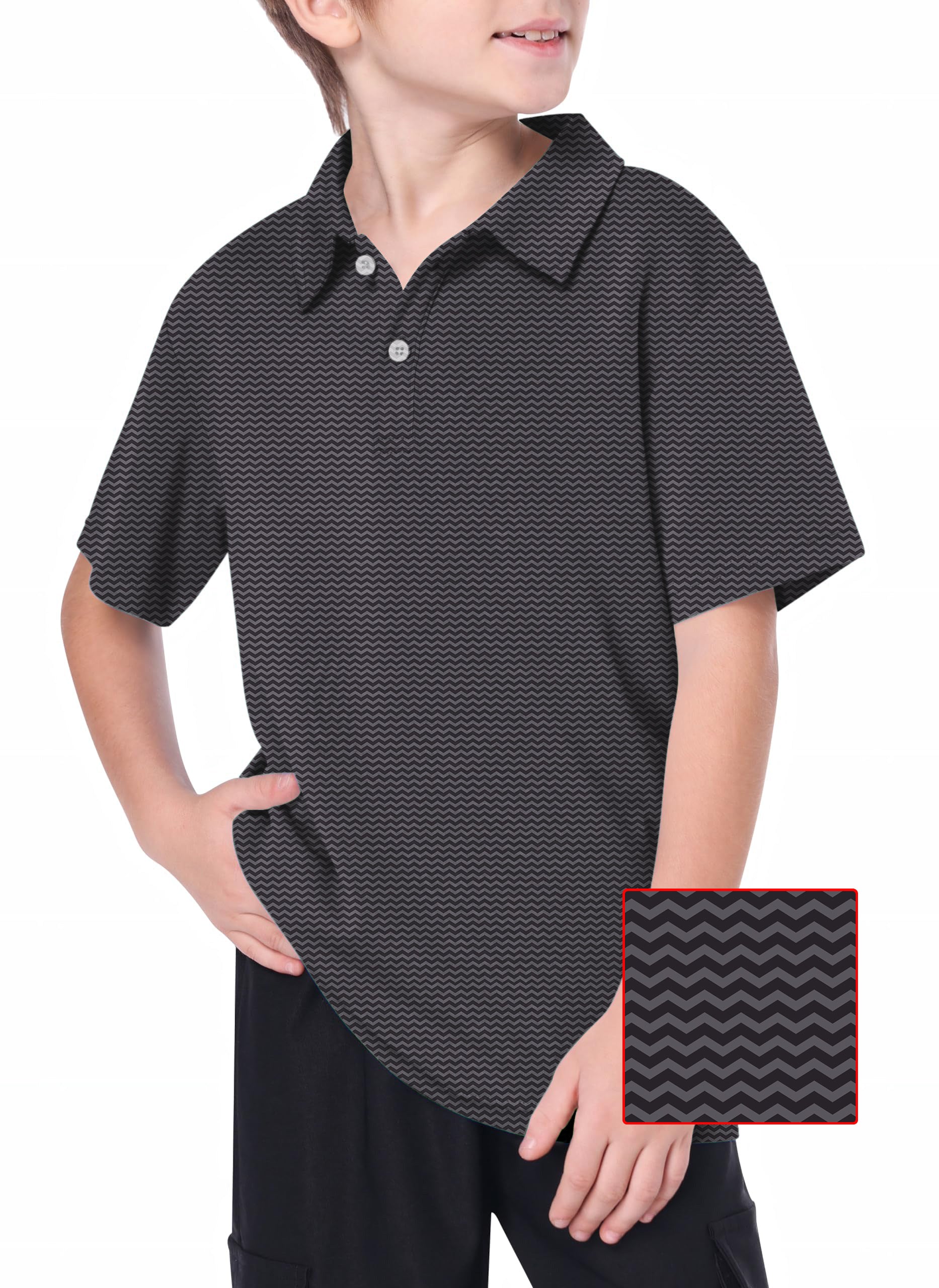 Youth boy wearing brown waves golf polo with 4-way stretch and moisture-wicking fabric