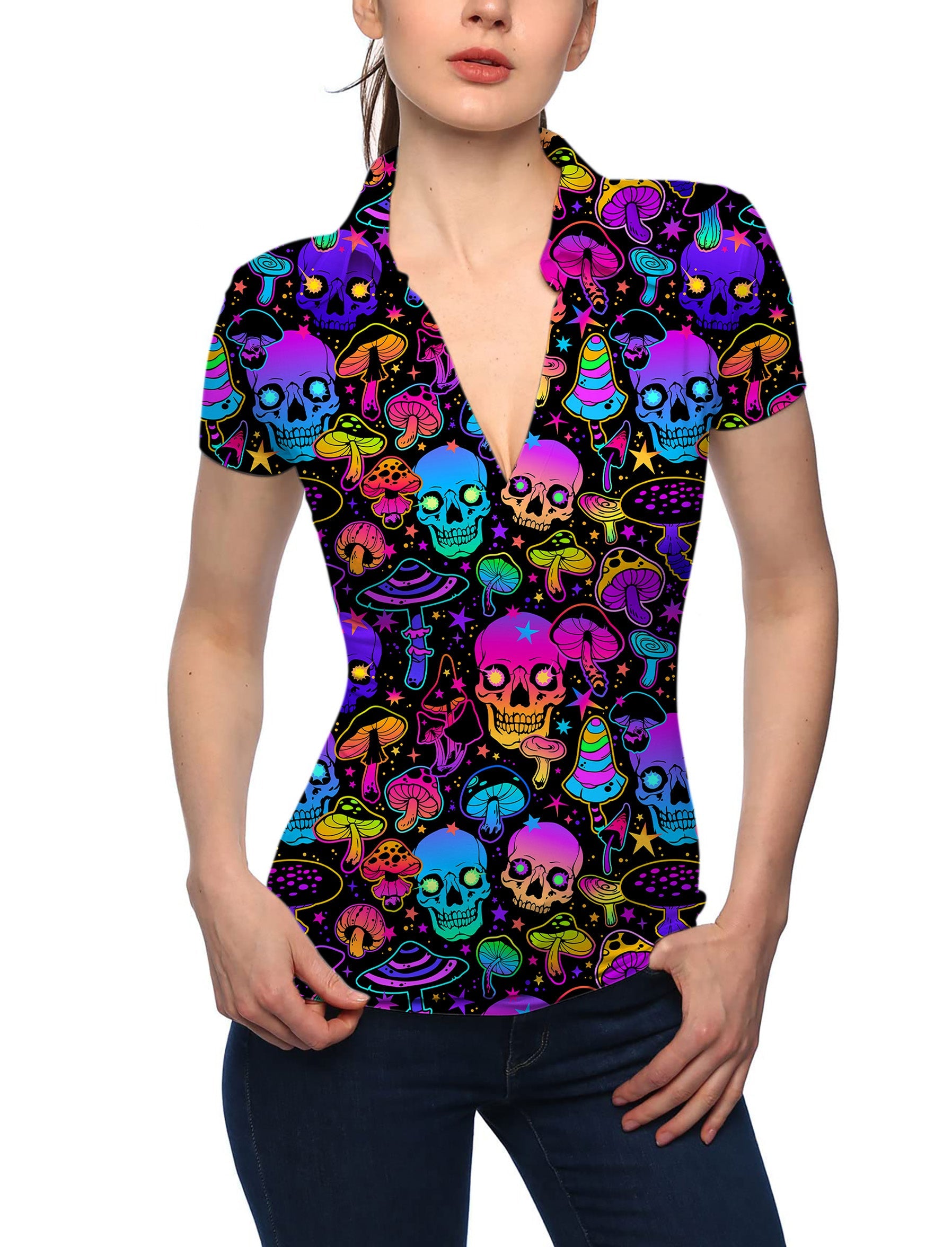 Women's neon skull V neck golf polo shirt with colorful skull and mushroom print