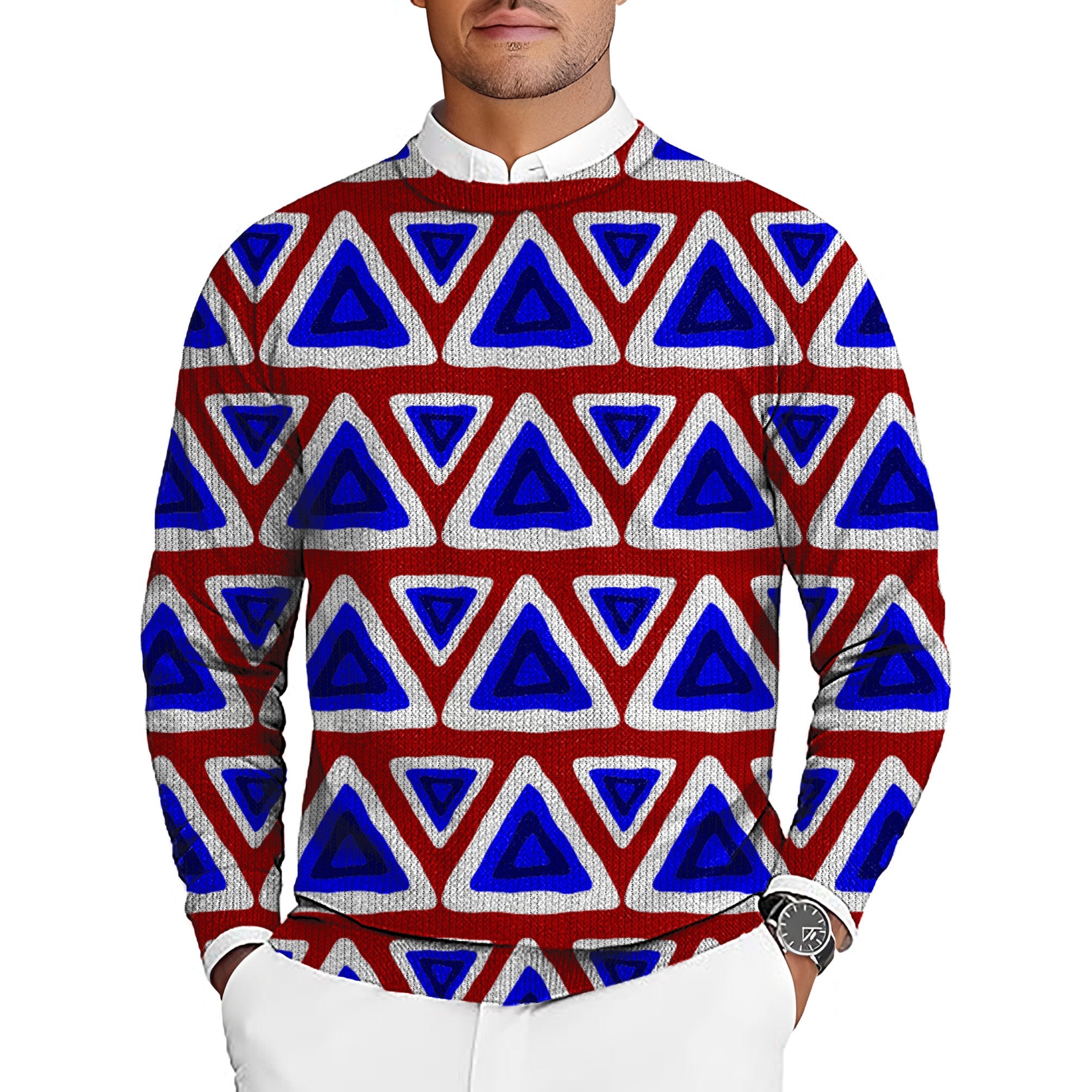 Men's golf crewneck pullover sweater with blue and red triangle tribal pattern