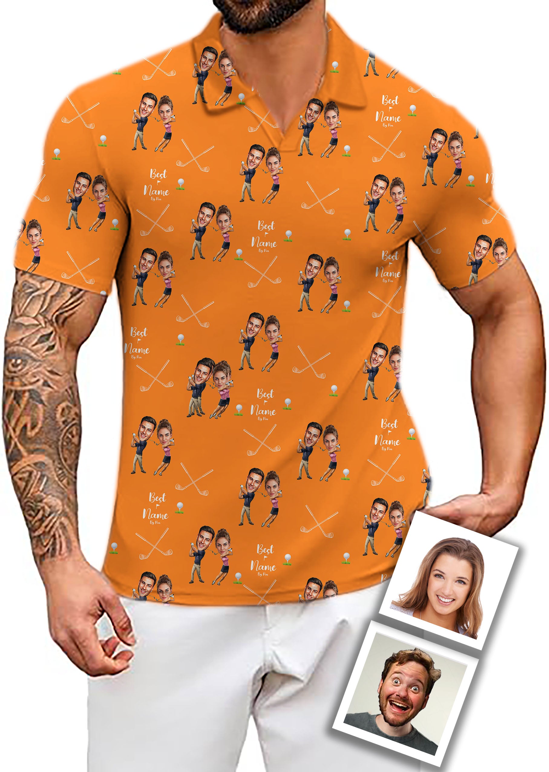 Men's Custom Couple Photo Face & Name V Neck Golf Polo Shirts