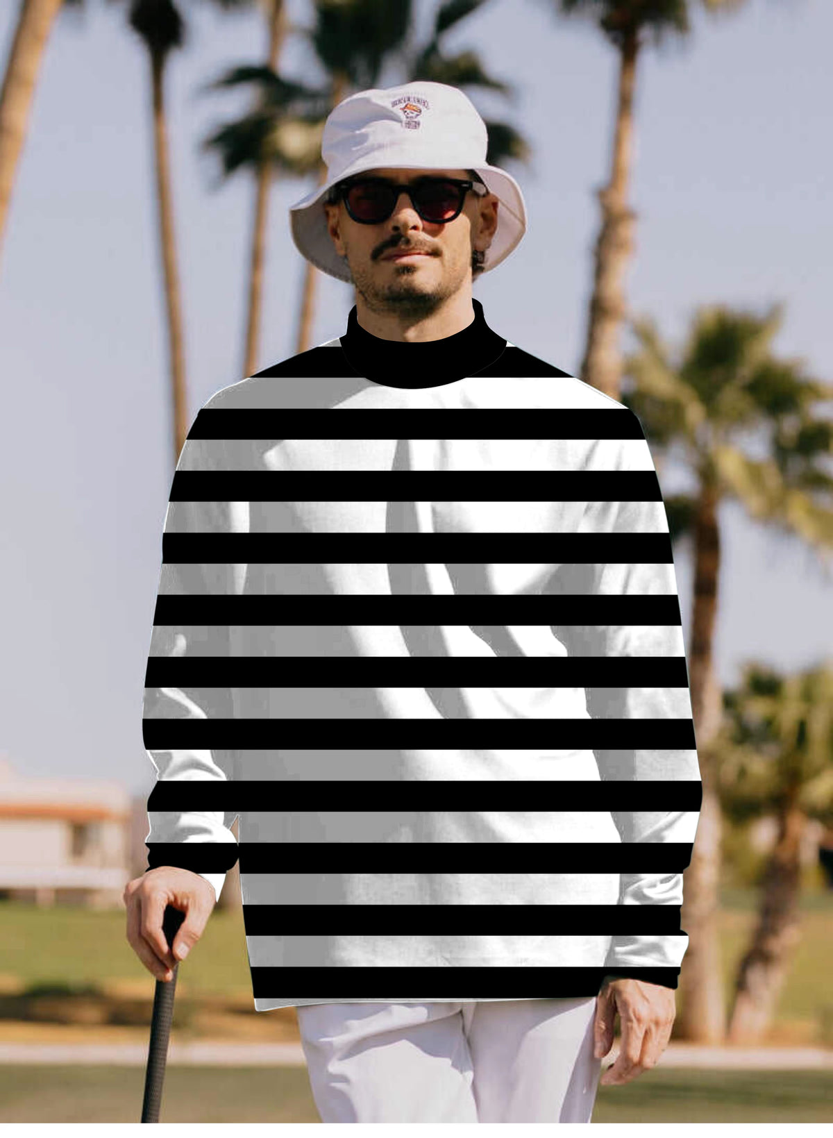 Men's Black and white horizontal stripes Mock Neck Long/Short Sleeve Golf Tops