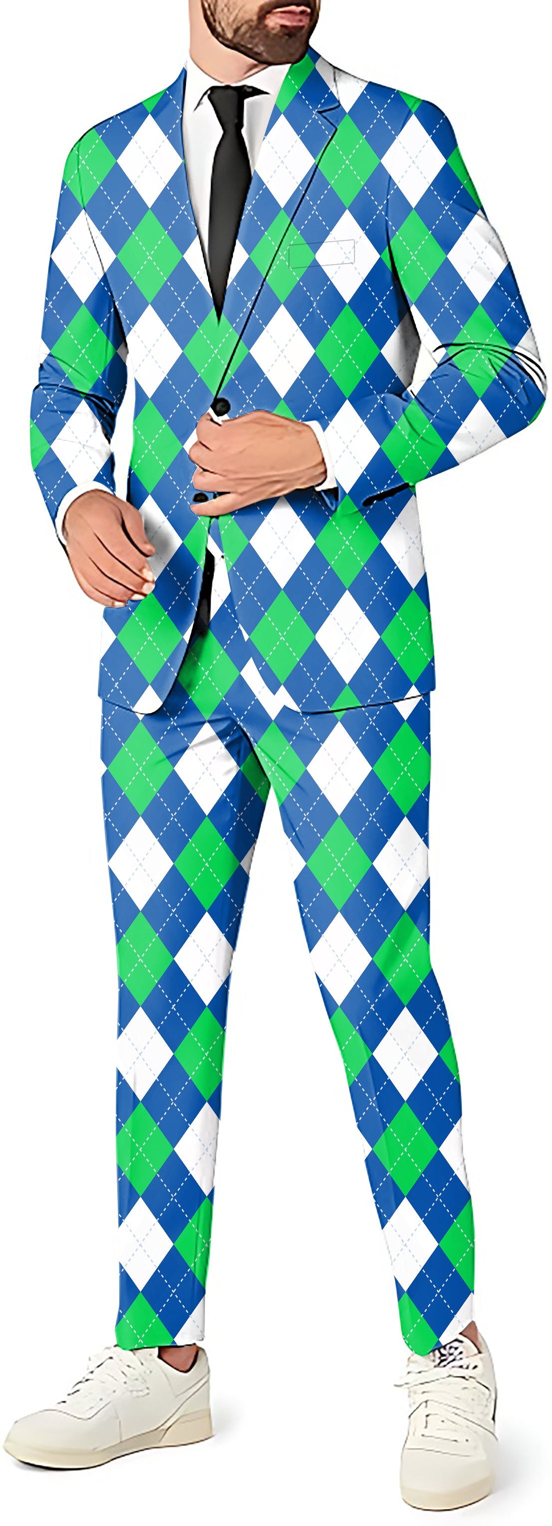 Argyle green blue men's party costume suit with blazer, pants, and vest set
