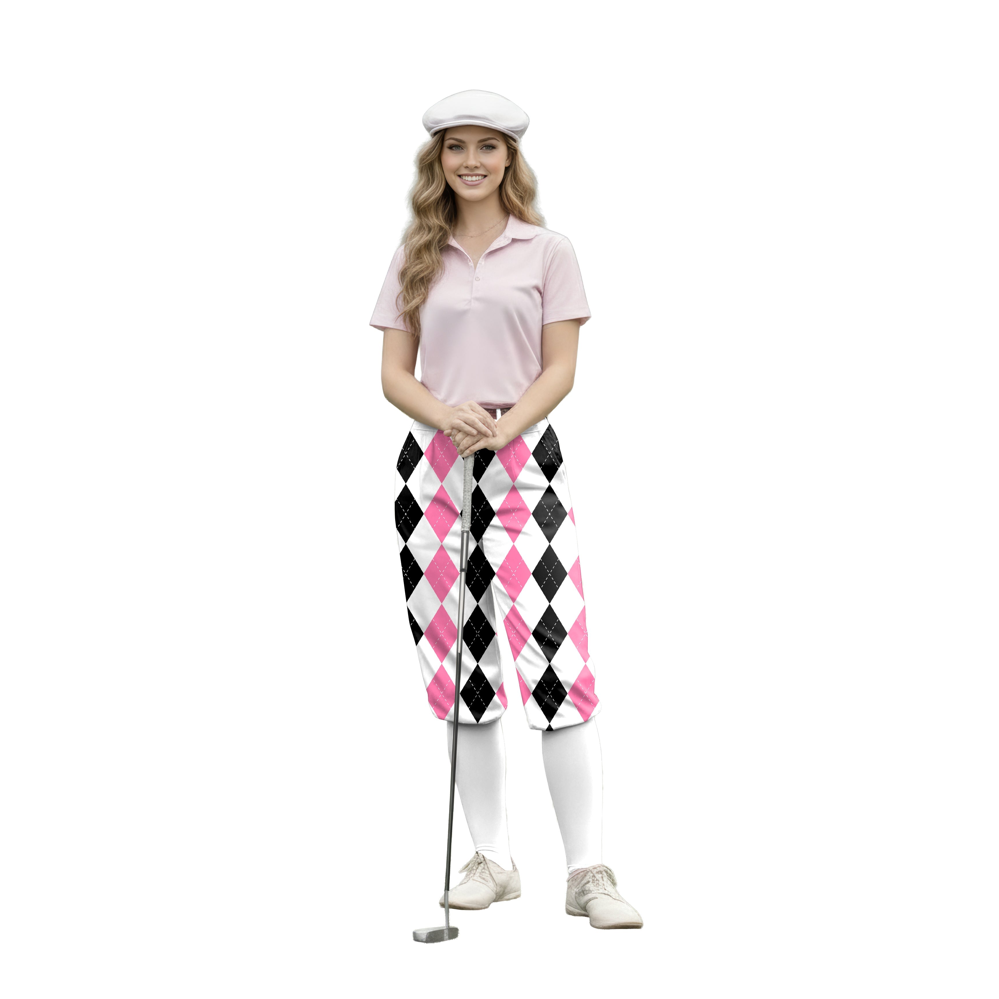 woman wearing pink black argyle golf knickers pants holding golf club