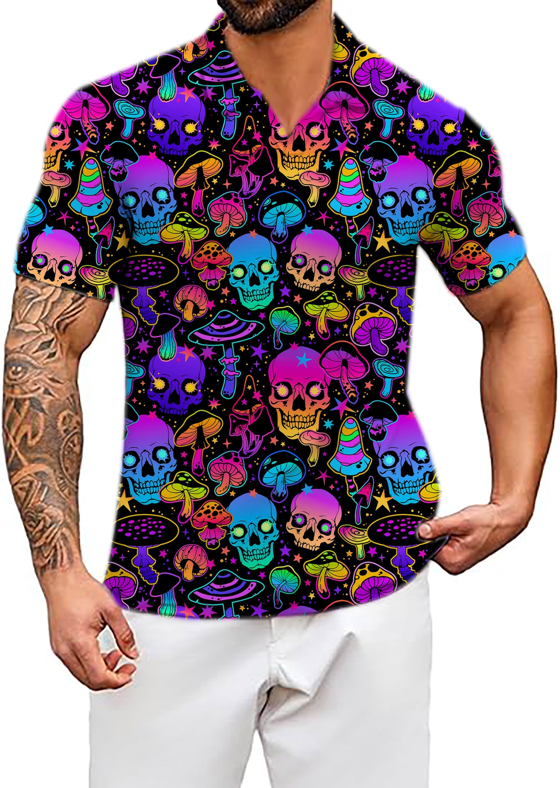 Men's Coconut Palm neon skull V neck golf polo shirt with vibrant colorful skull and mushroom pattern