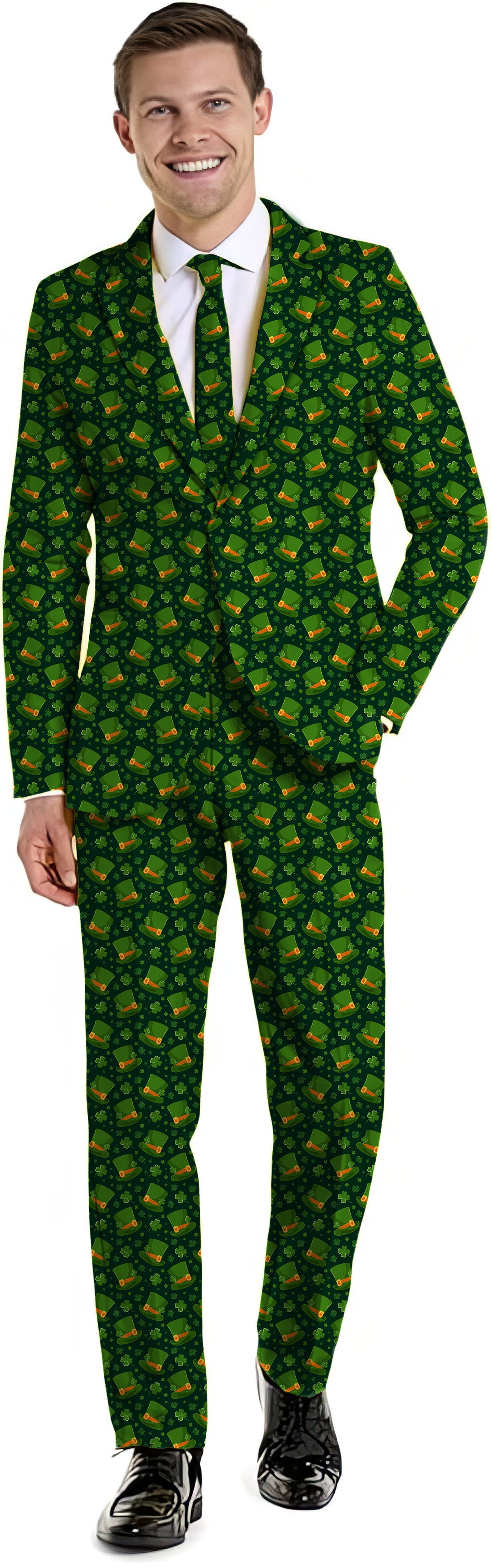 Men's St. Patrick's Day suit set with Leprechaun hat clover leaf pattern blazer, pants, and vest